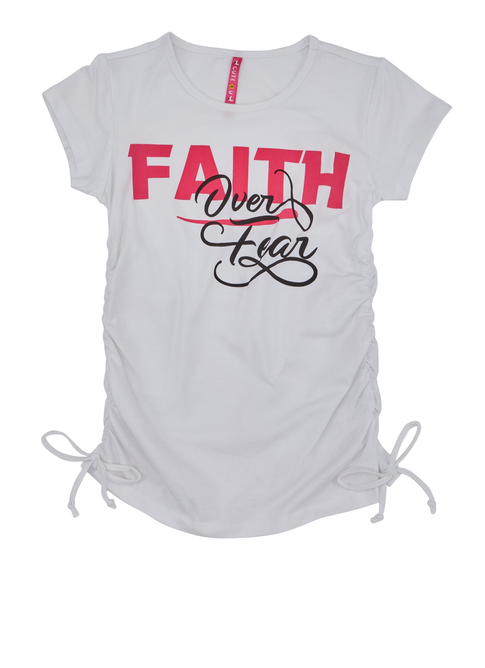 Girls Faith Over Fear Ruched Graphic Tee, White, Size 7-8
