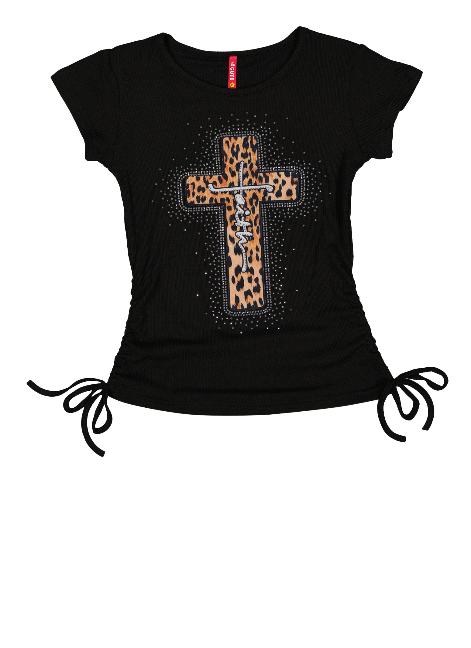 Girls Ribbed Rhinestone Faith Graphic Tee, Black, Size 14-16