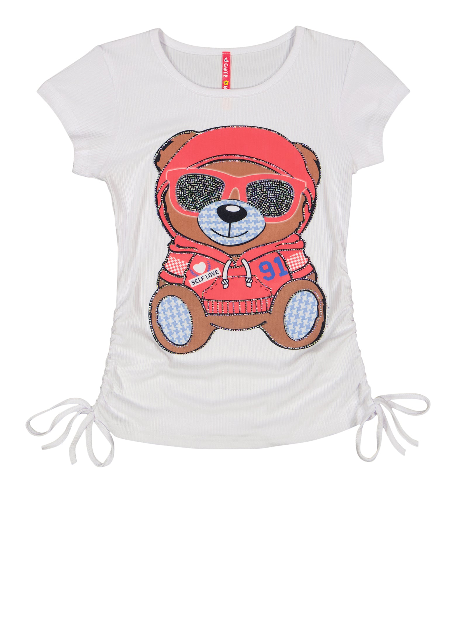 Girls Rib Knit Rhinestone Bear Graphic Tee, White, Size 14-16