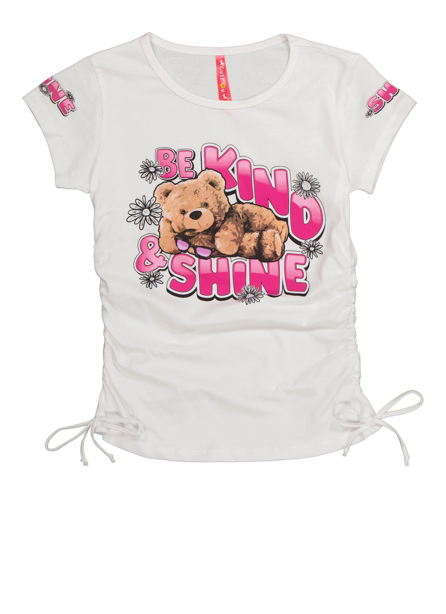 Girls Be Kind and Shine Bear Ruched Graphic Tee, White, Size 10-12