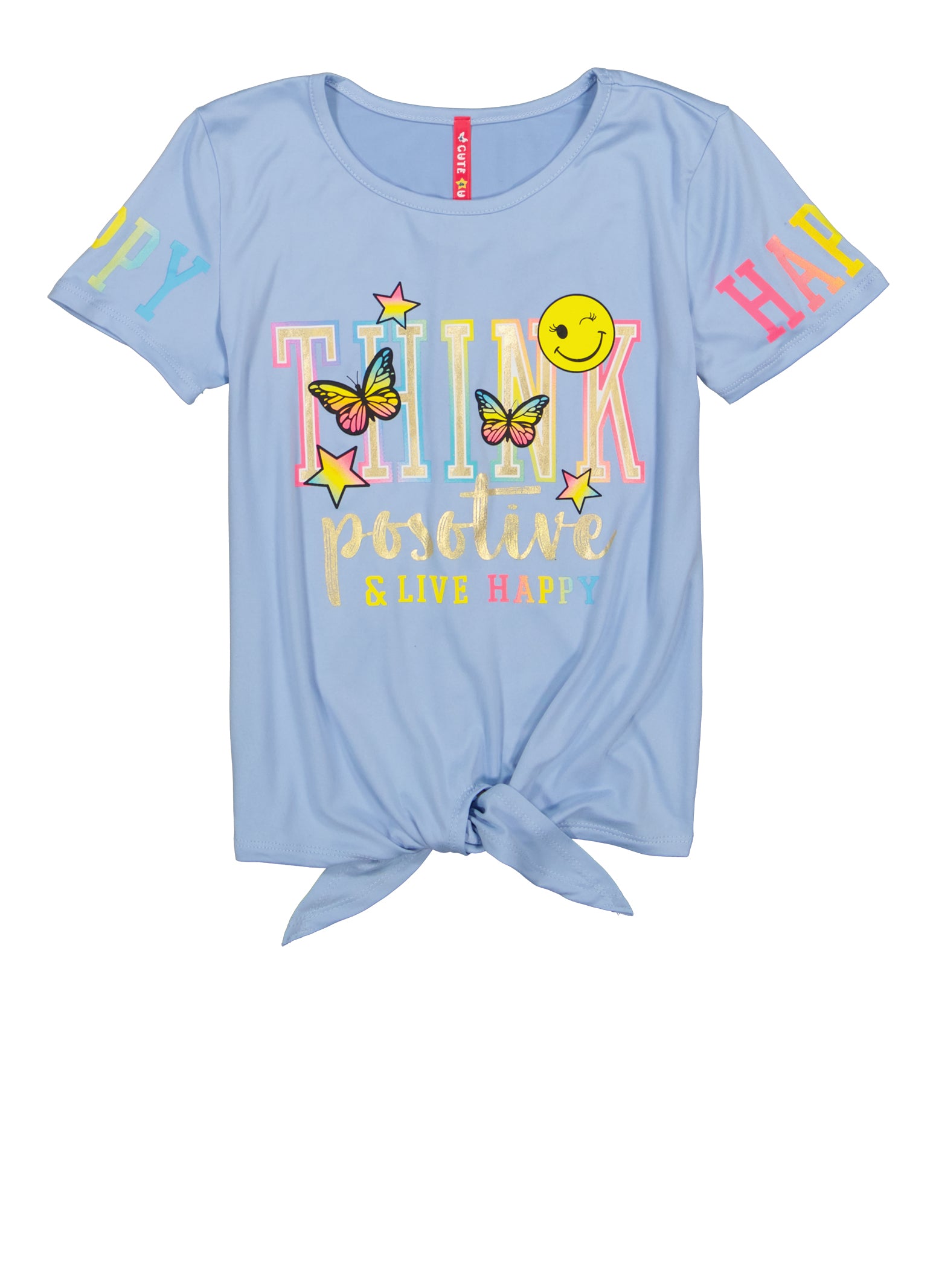 Girls Think Positive And Live Happy Tie Front Tee, Blue, Size 14-16