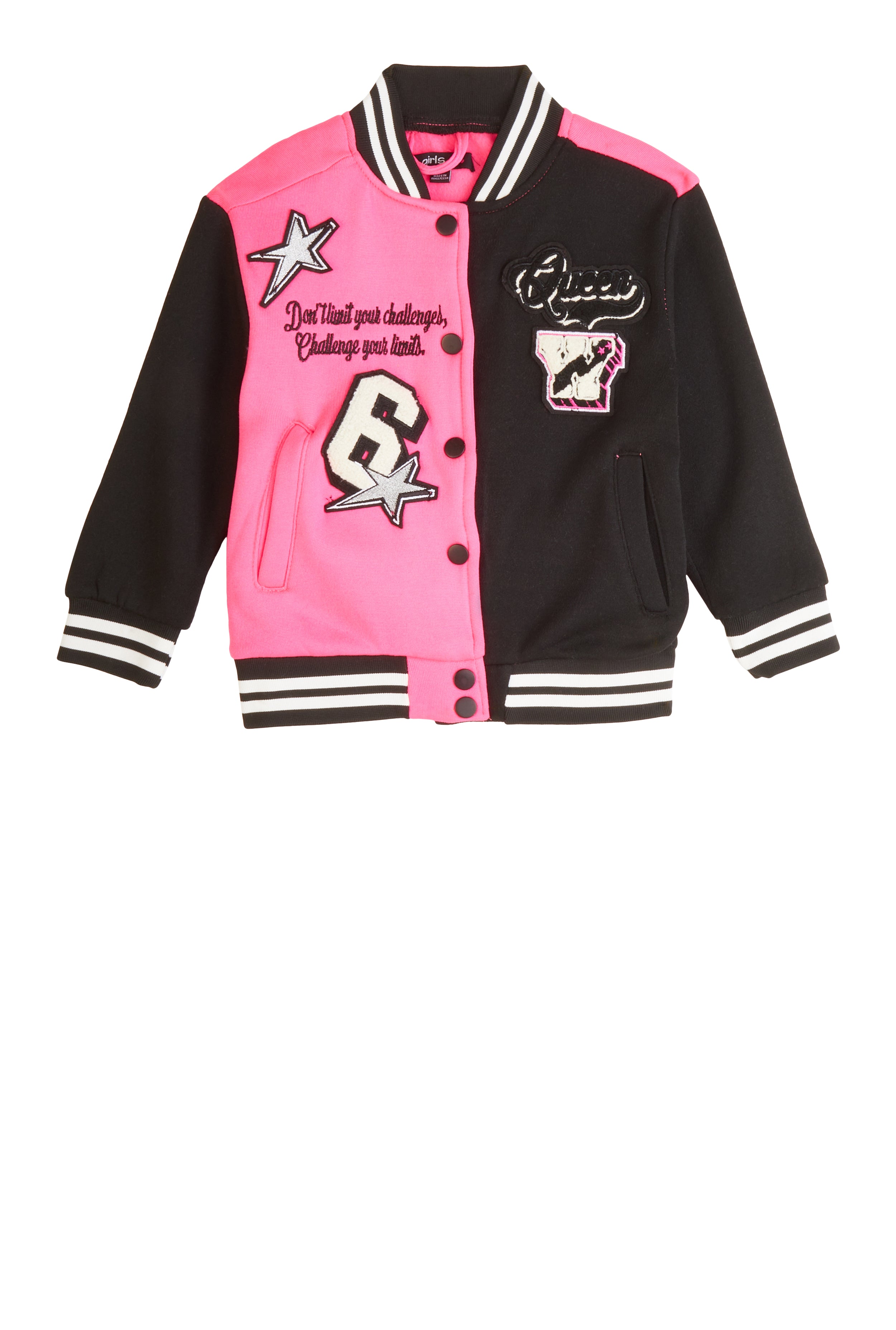 Little Girls Queen Chenille Patch Varsity Jacket, Pink, Size 4