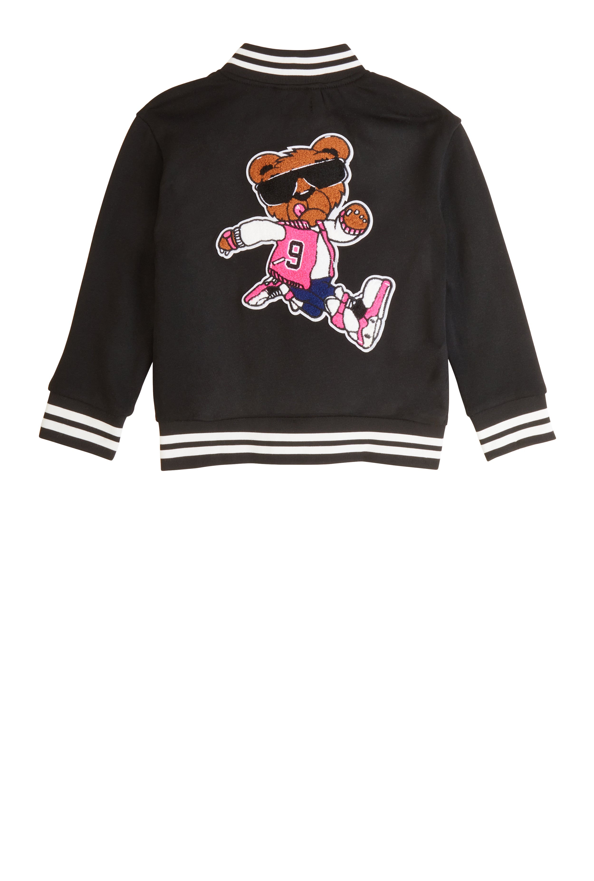 Little Girls Dreamer Bear Chenille Patch Varsity Jacket, Black, Size 6X