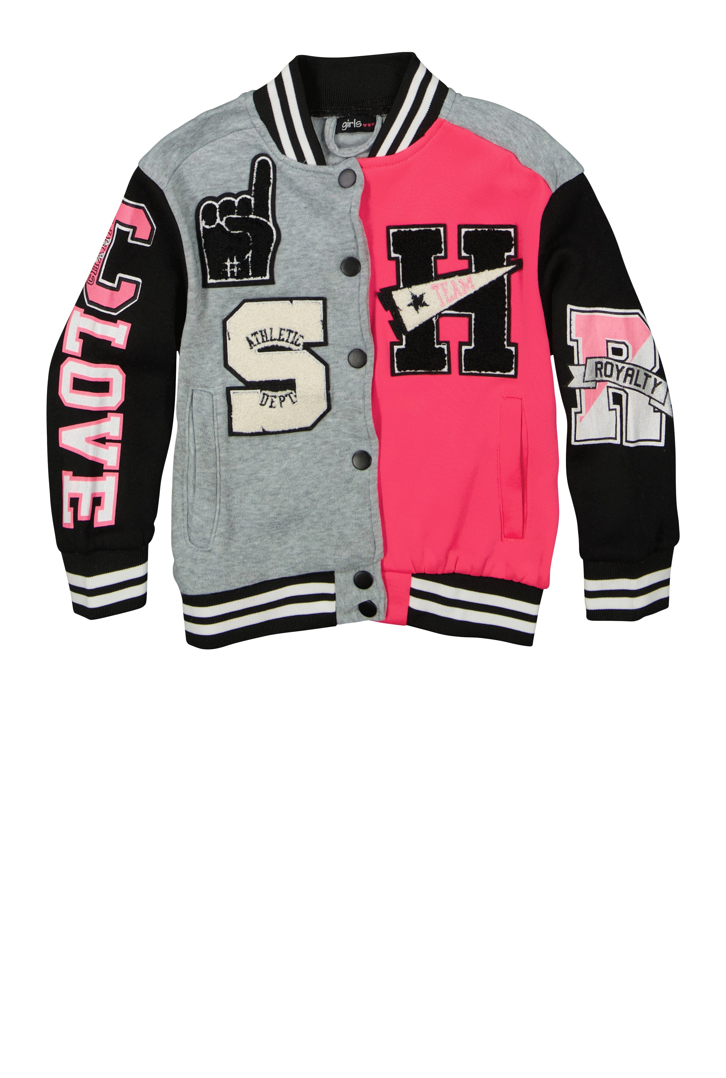 Little Girls Love Graphic Chenille Patch Varsity Jacket, Multi,