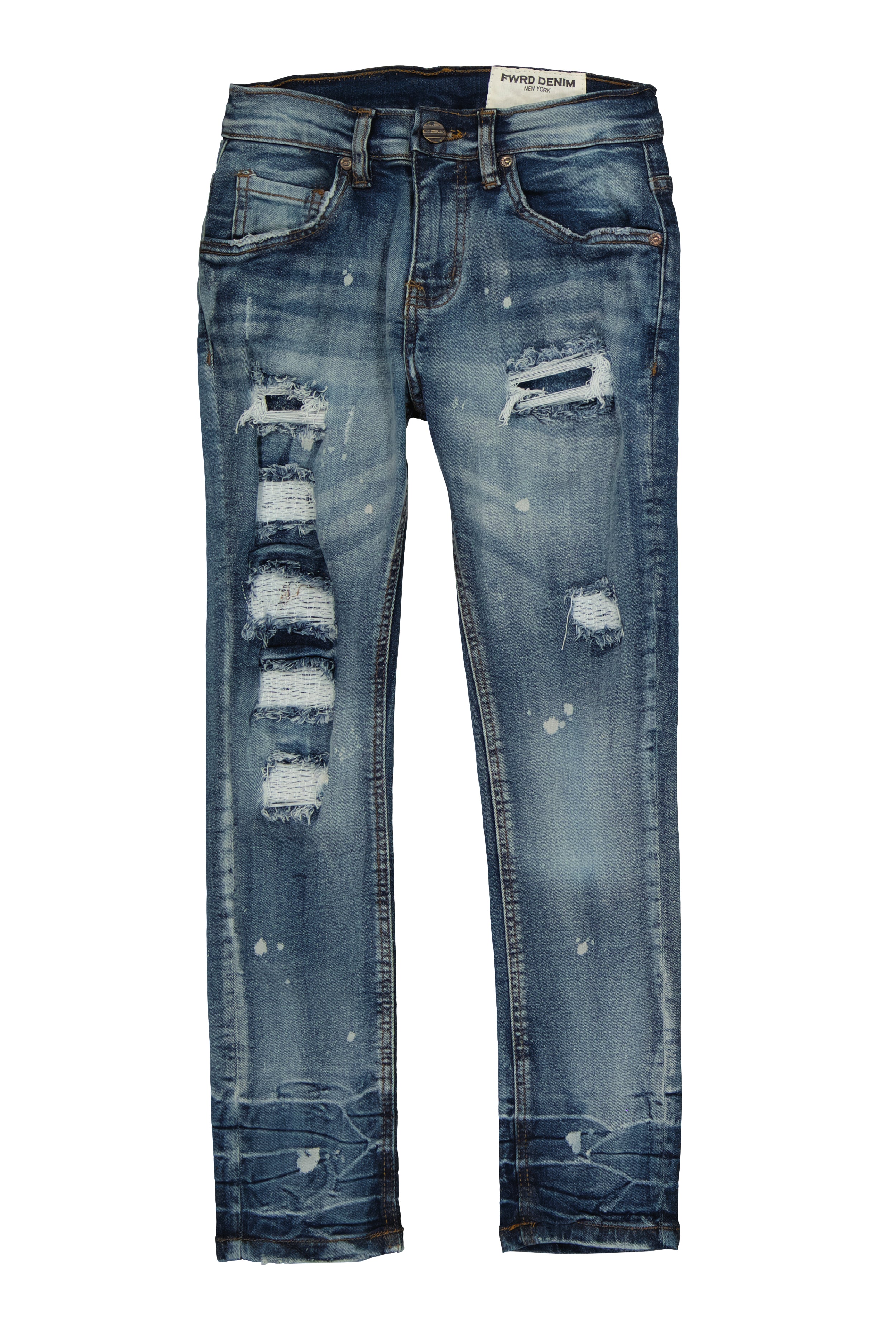 Boys Patch and Repair Bleach Splatter Jeans, Blue,