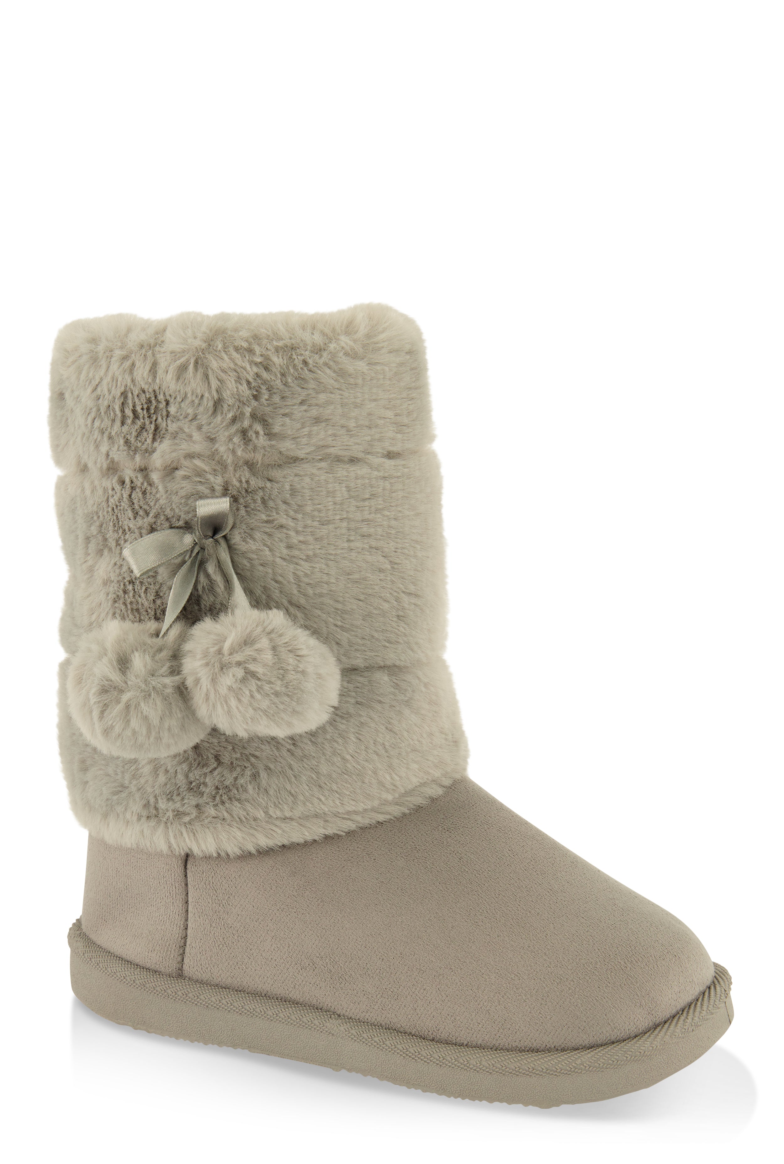 Womens Girls Faux Suede Fur Pom Boots, Grey,