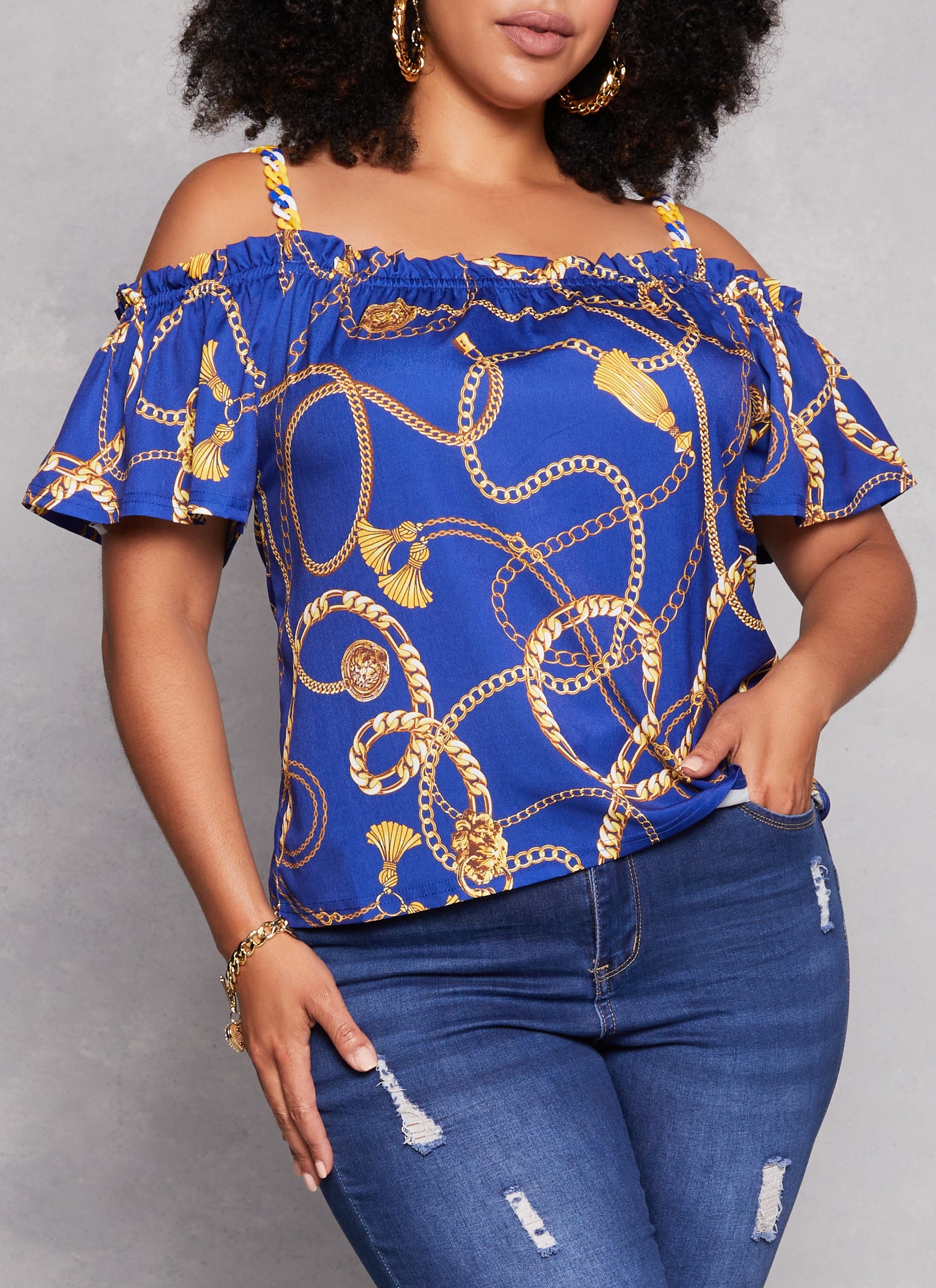 Womens Plus Patterned Cold Shoulder Blouse,