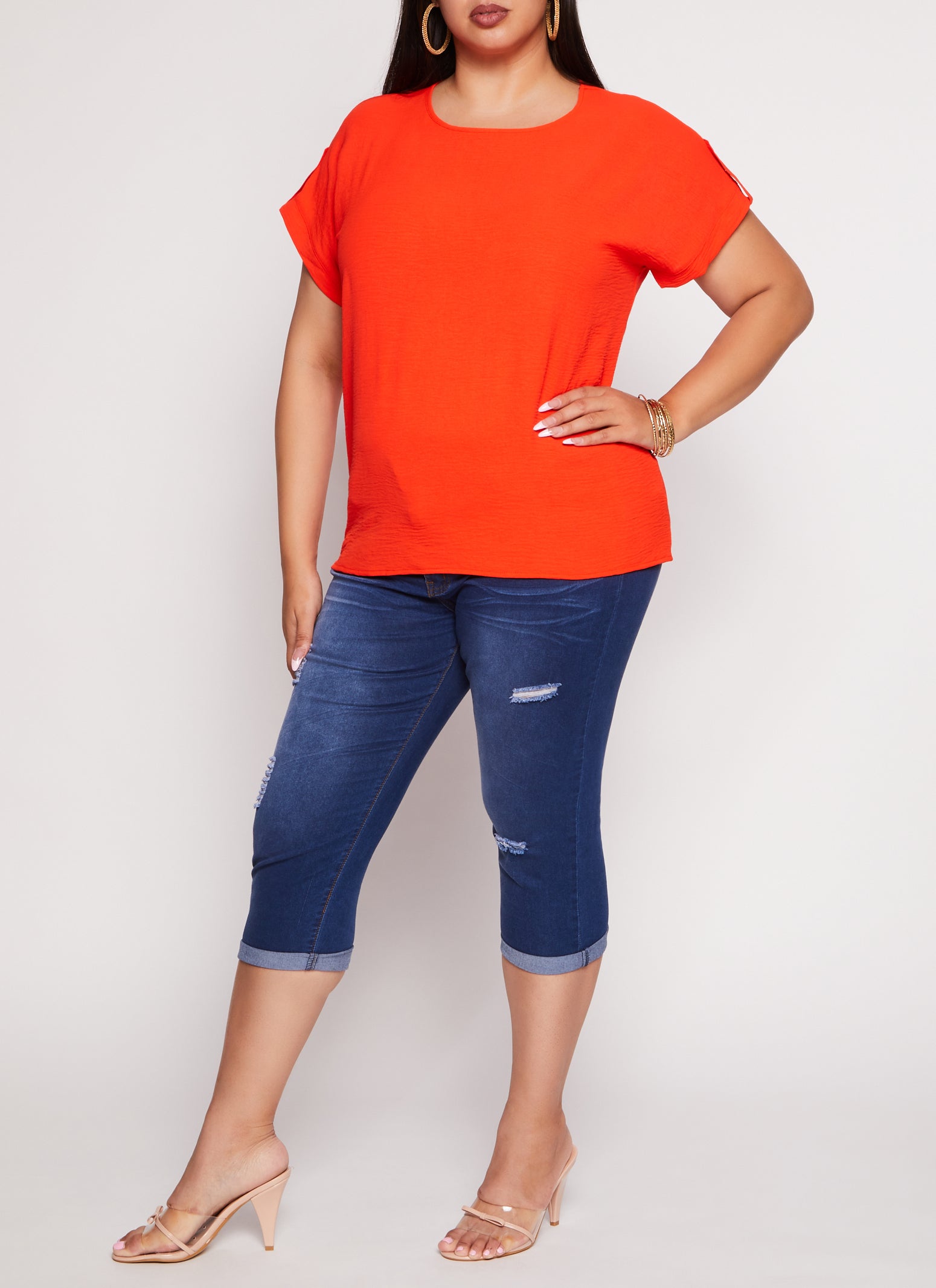 Womens Plus Size Airy Tabbed Short Sleeve Top, Orange, Size 3X