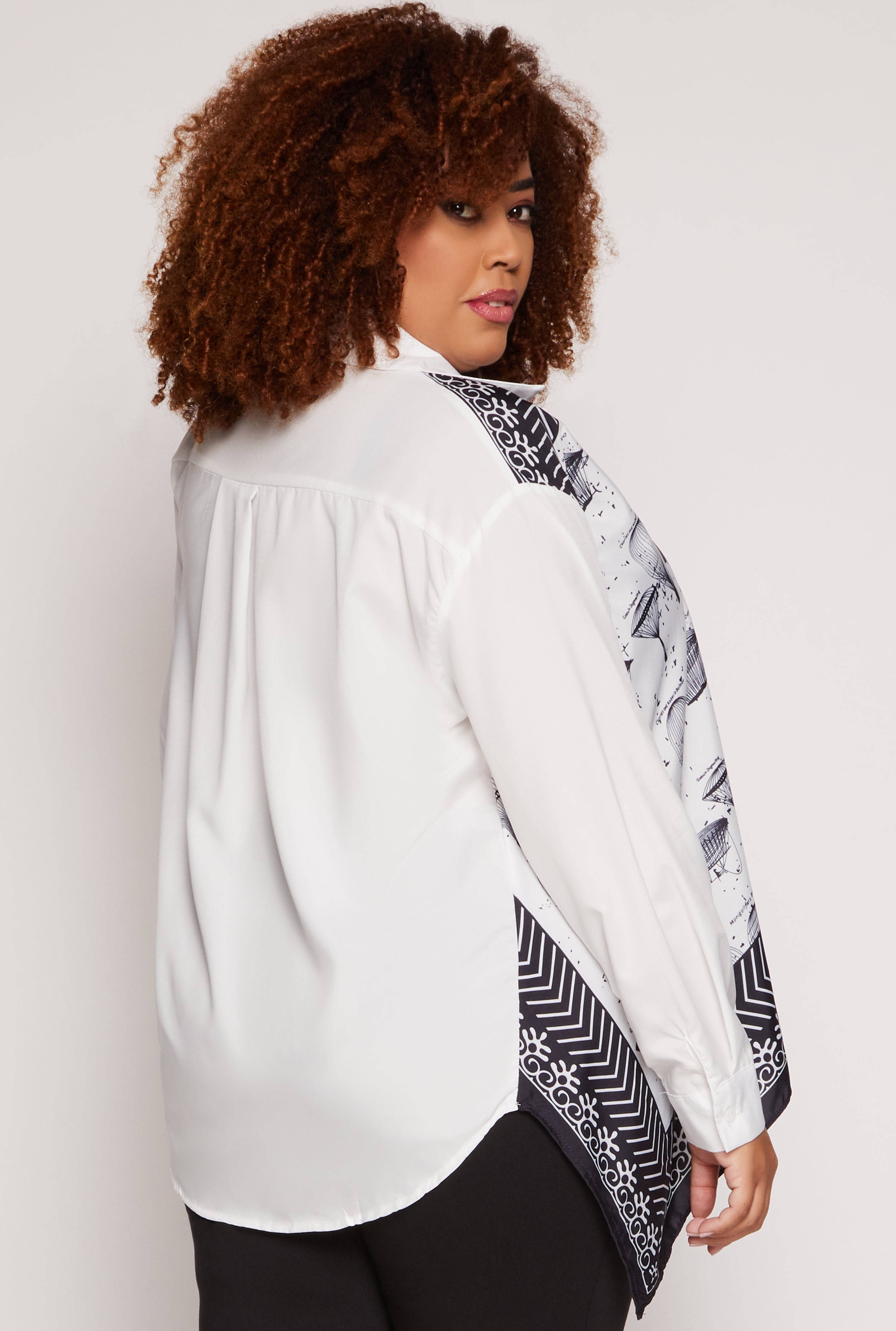 Womens Plus Size Half Print Button Front Long Sleeve Shirt, White, Size 1X