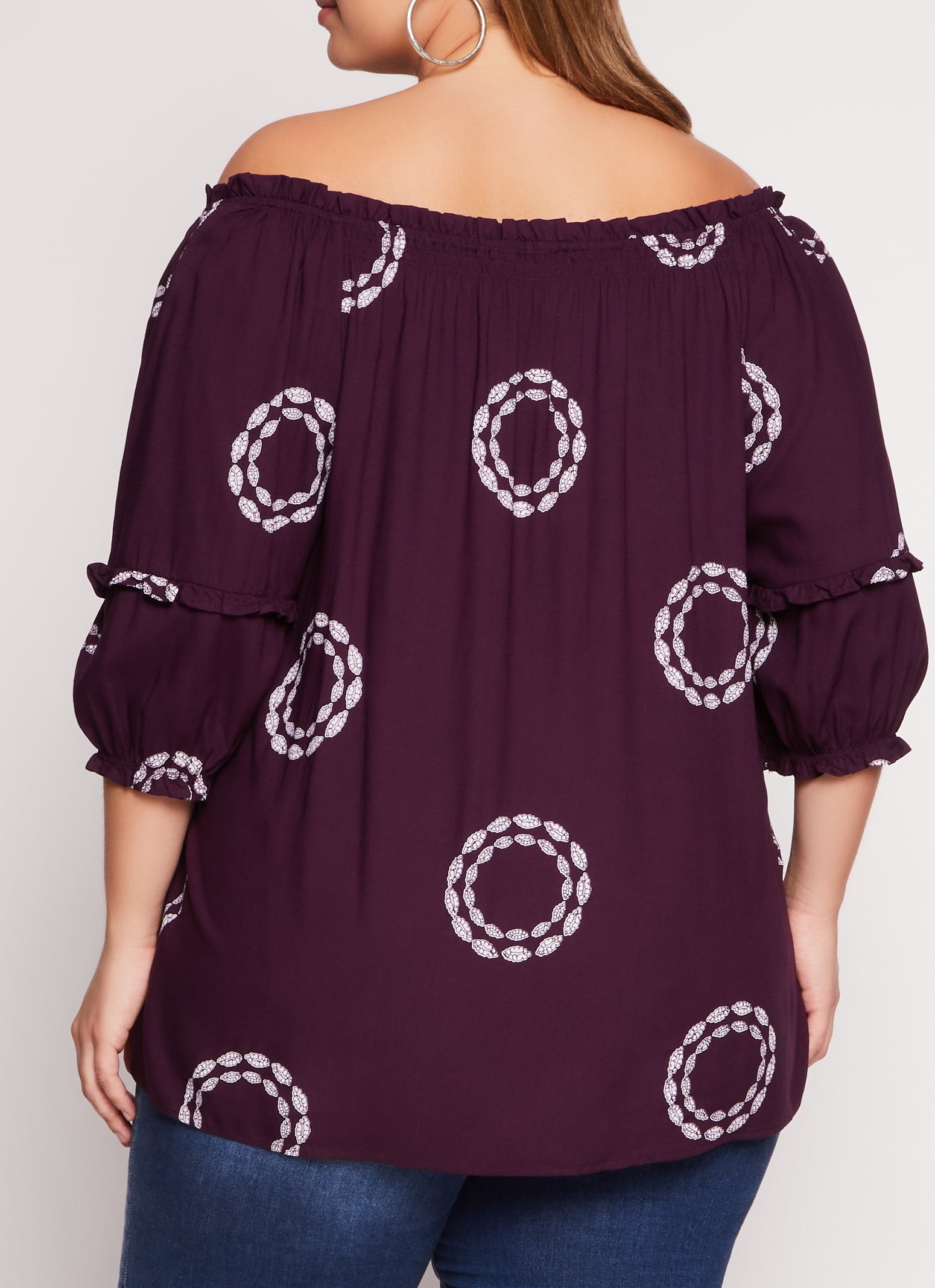 Womens Plus Size Printed Off The Shoulder Puff Sleeve Blouse, Purple, Size 1X