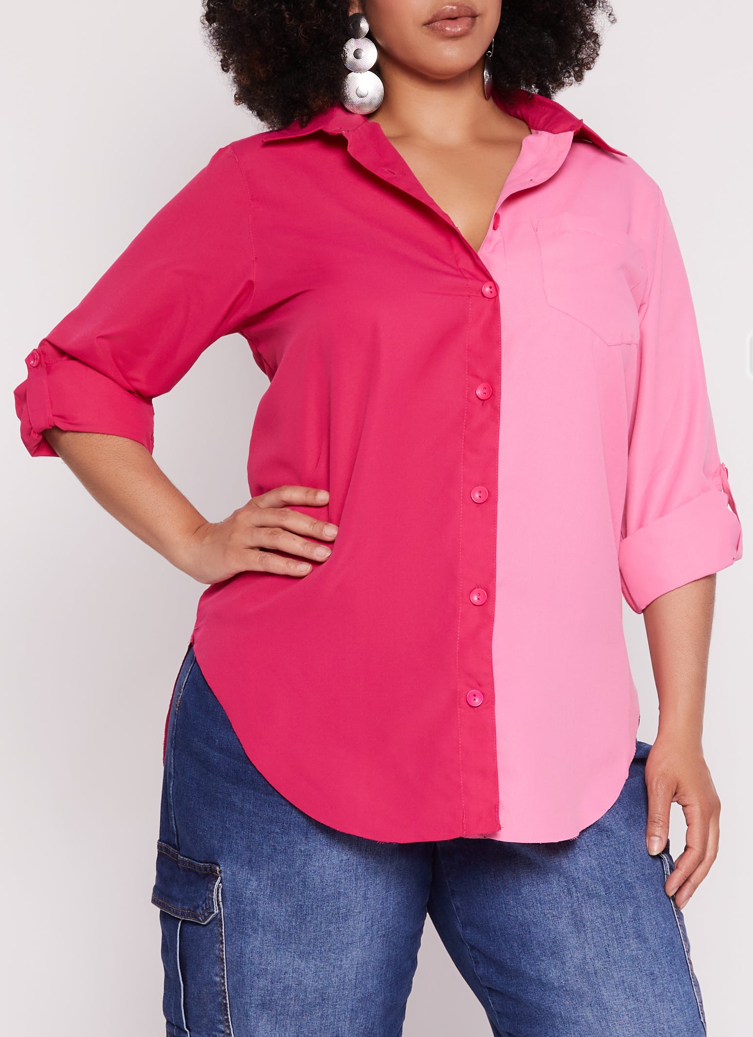 Womens Plus Size Color Block Button Front Shirt, Pink, Size 2X