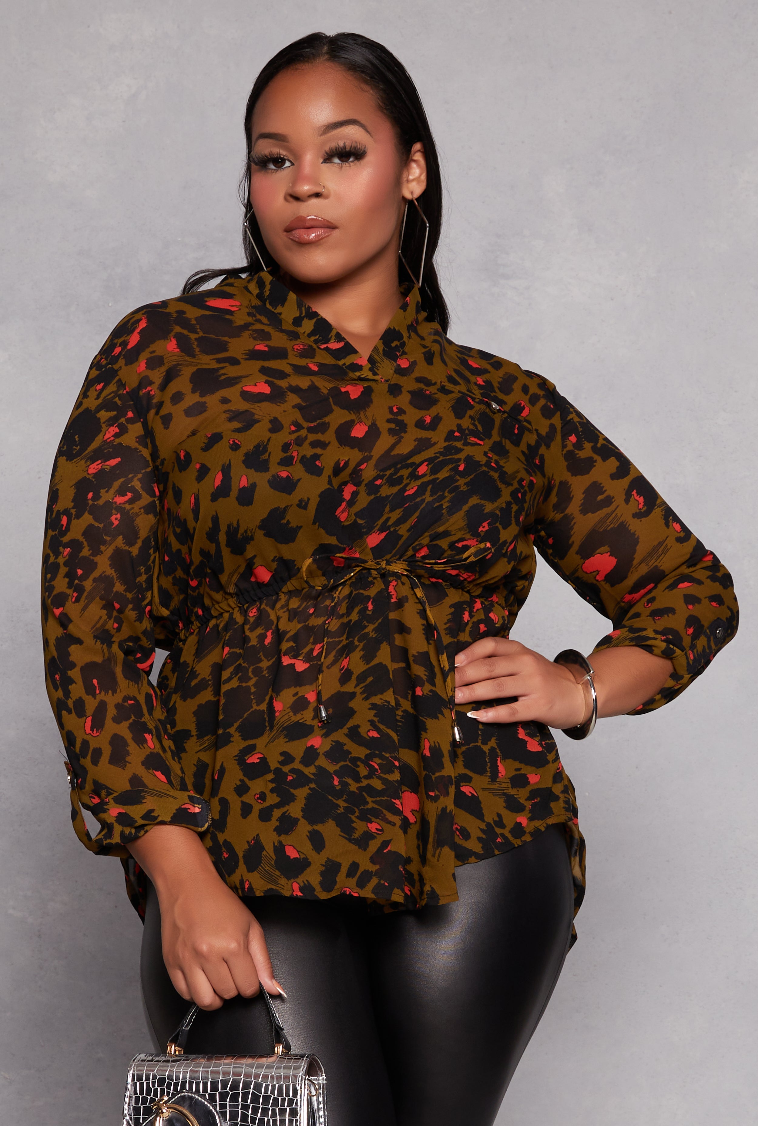 Womens Plus Size Animal Print Tie Waist Top, Multi, Size 2X