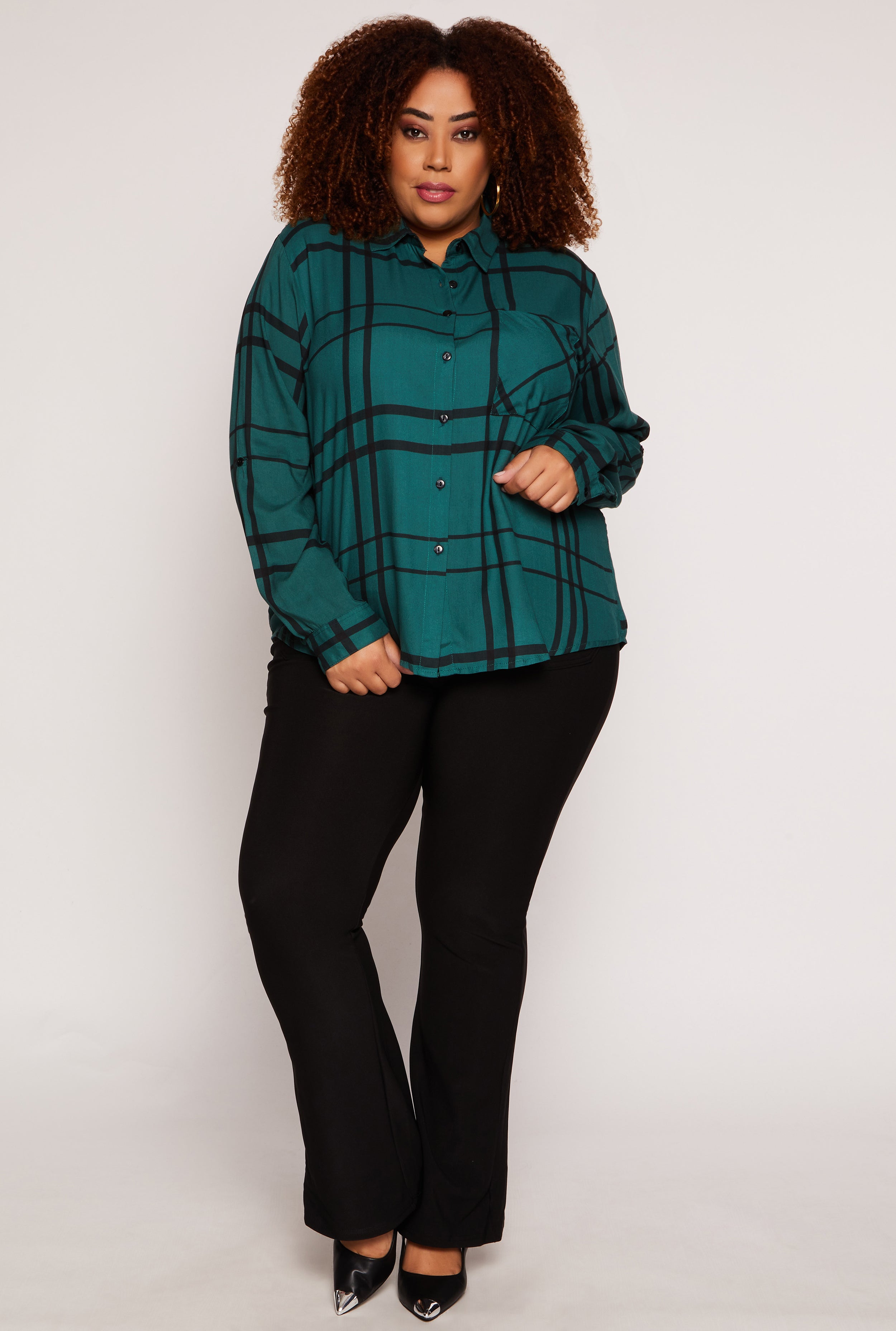 Womens Plus Size Plaid Tabbed Sleeve Shirt, Green, Size 1X