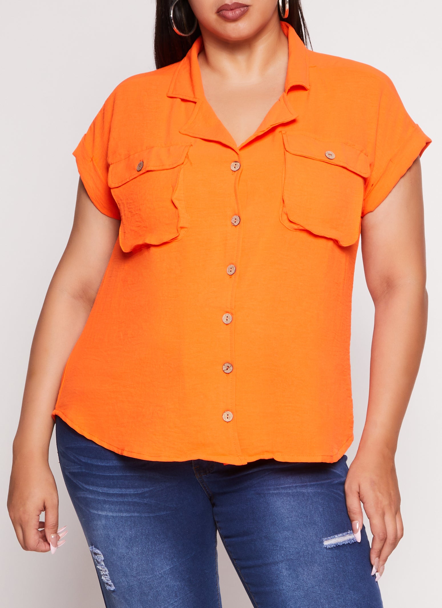 Womens Plus Size Airy Flap Pocket Shirt, Orange, Size 1X