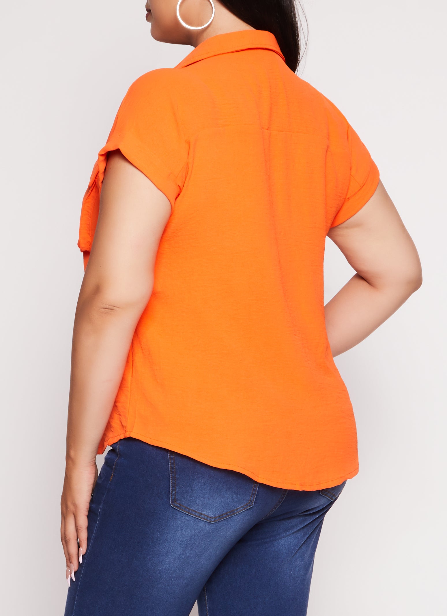 Womens Plus Size Airy Flap Pocket Shirt, Orange, Size 1X