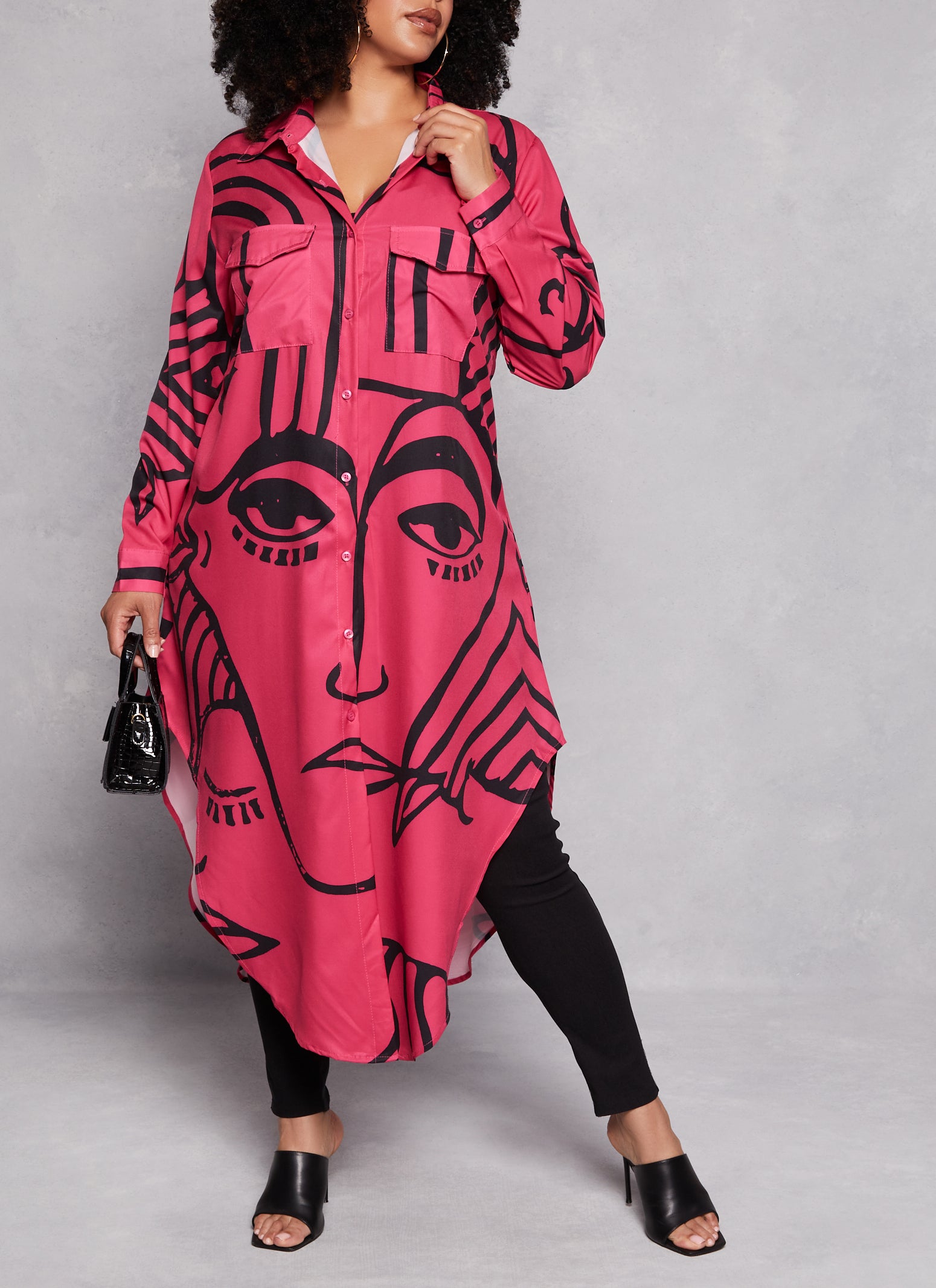 Womens Plus Size Face Print Maxi Shirt, Pink, Size 2X