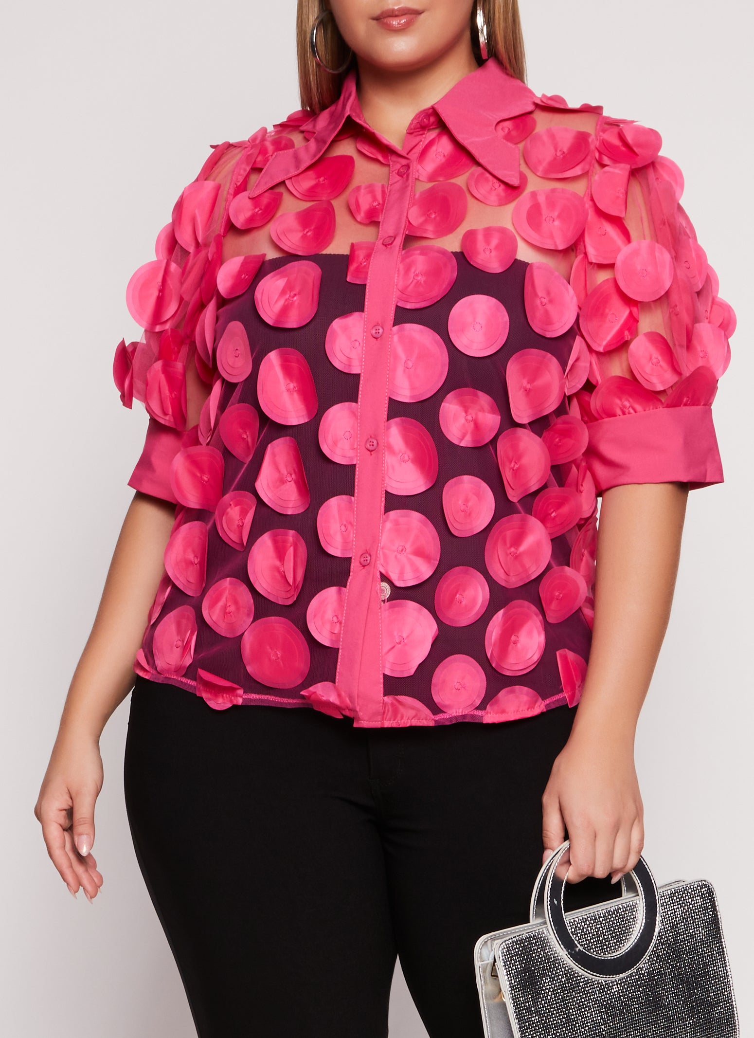 Womens Plus Size Organza Polka Dot Applique Top, Pink, Size 3X