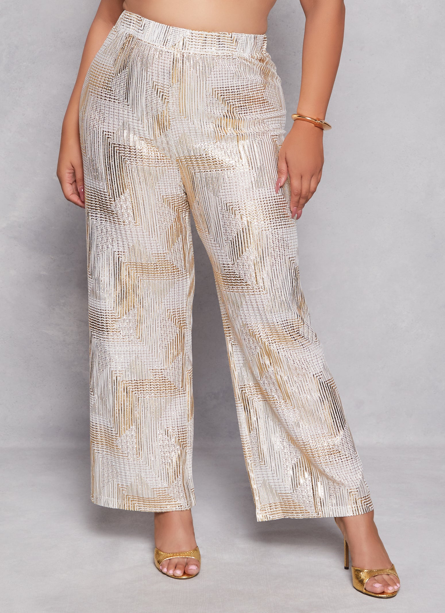 Womens Plus Patterned Foil Screen Wide Leg Pants,