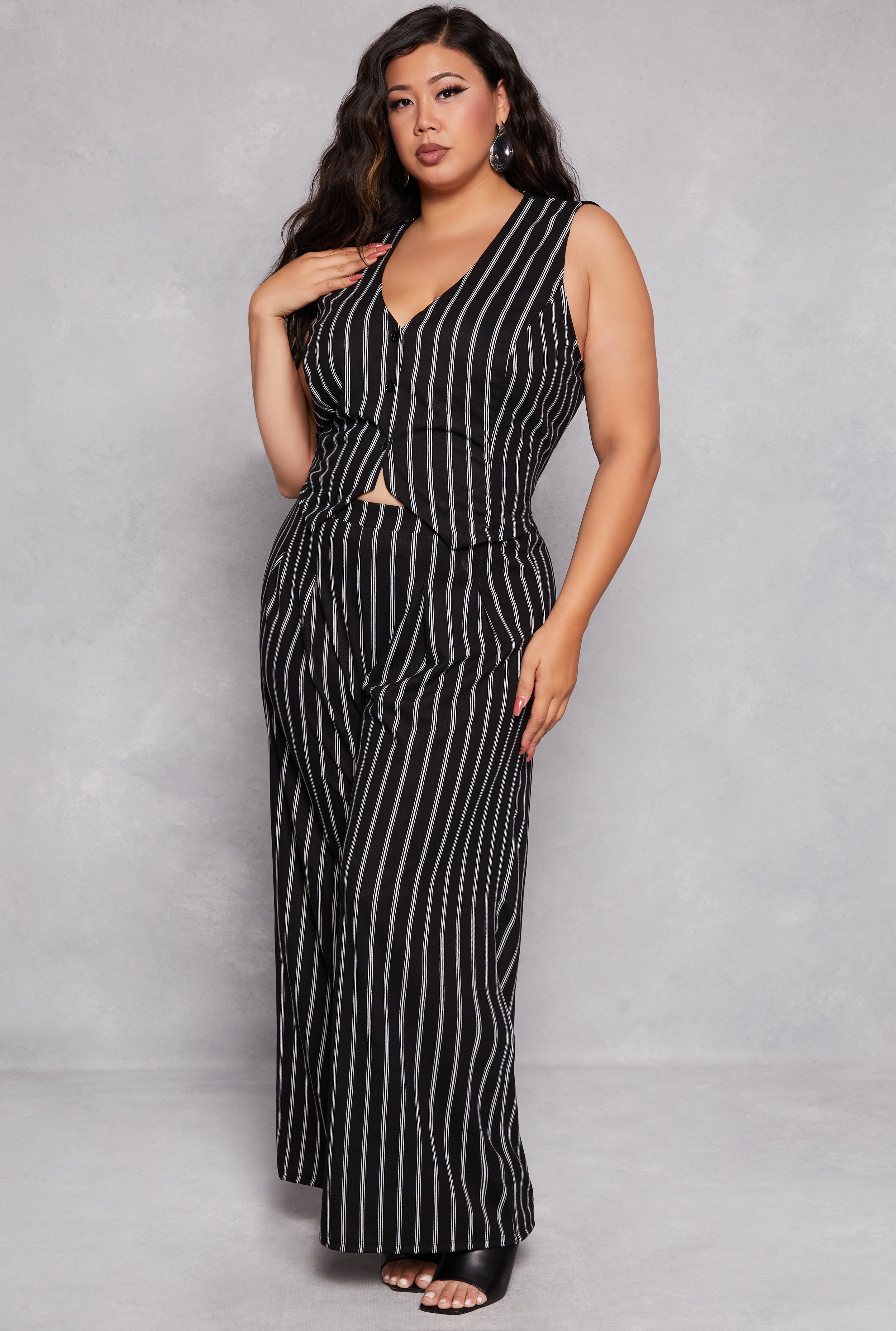 Womens Plus Size Striped Wide Leg Dress Pants, Black, Size 3X