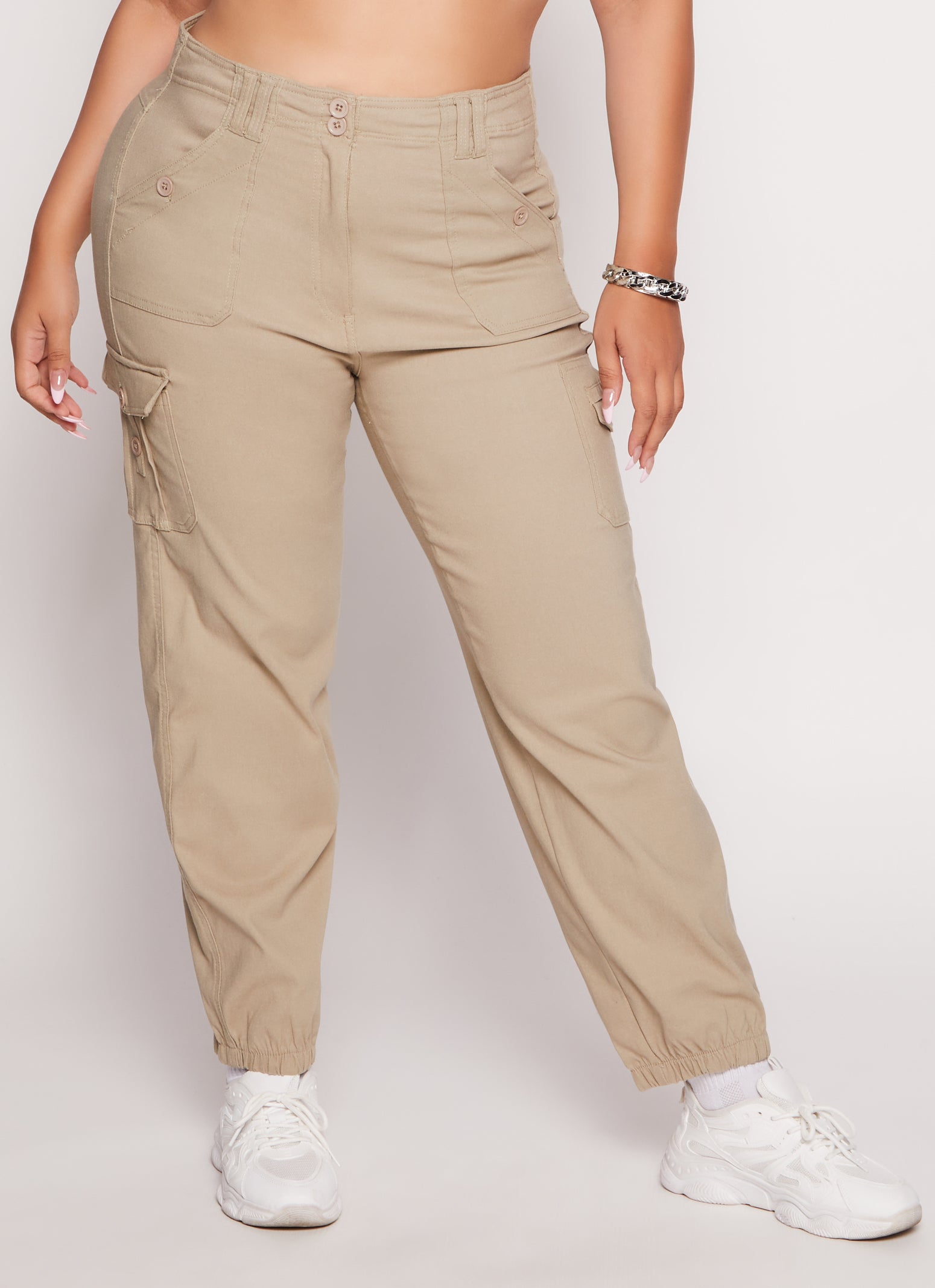 Womens Plus Size Solid High Waist Cargo Pocket Joggers, Khaki, Size 2X