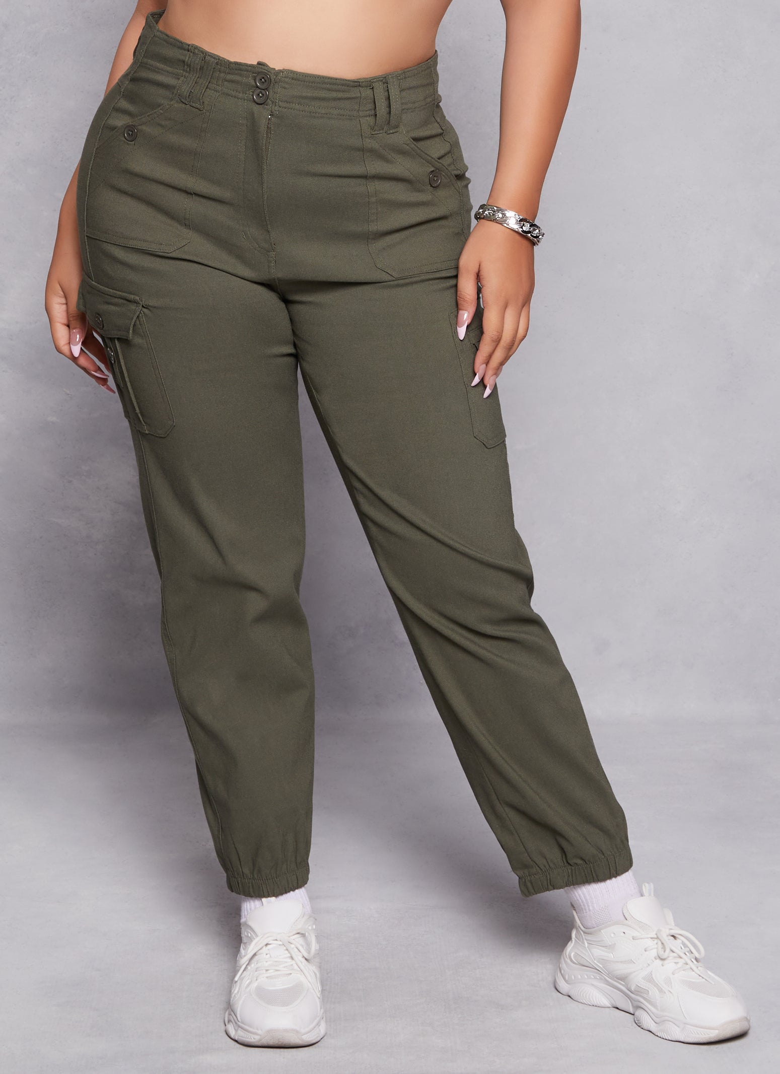 Womens Plus Size Solid High Waist Cargo Pocket Joggers, Green, Size 3X