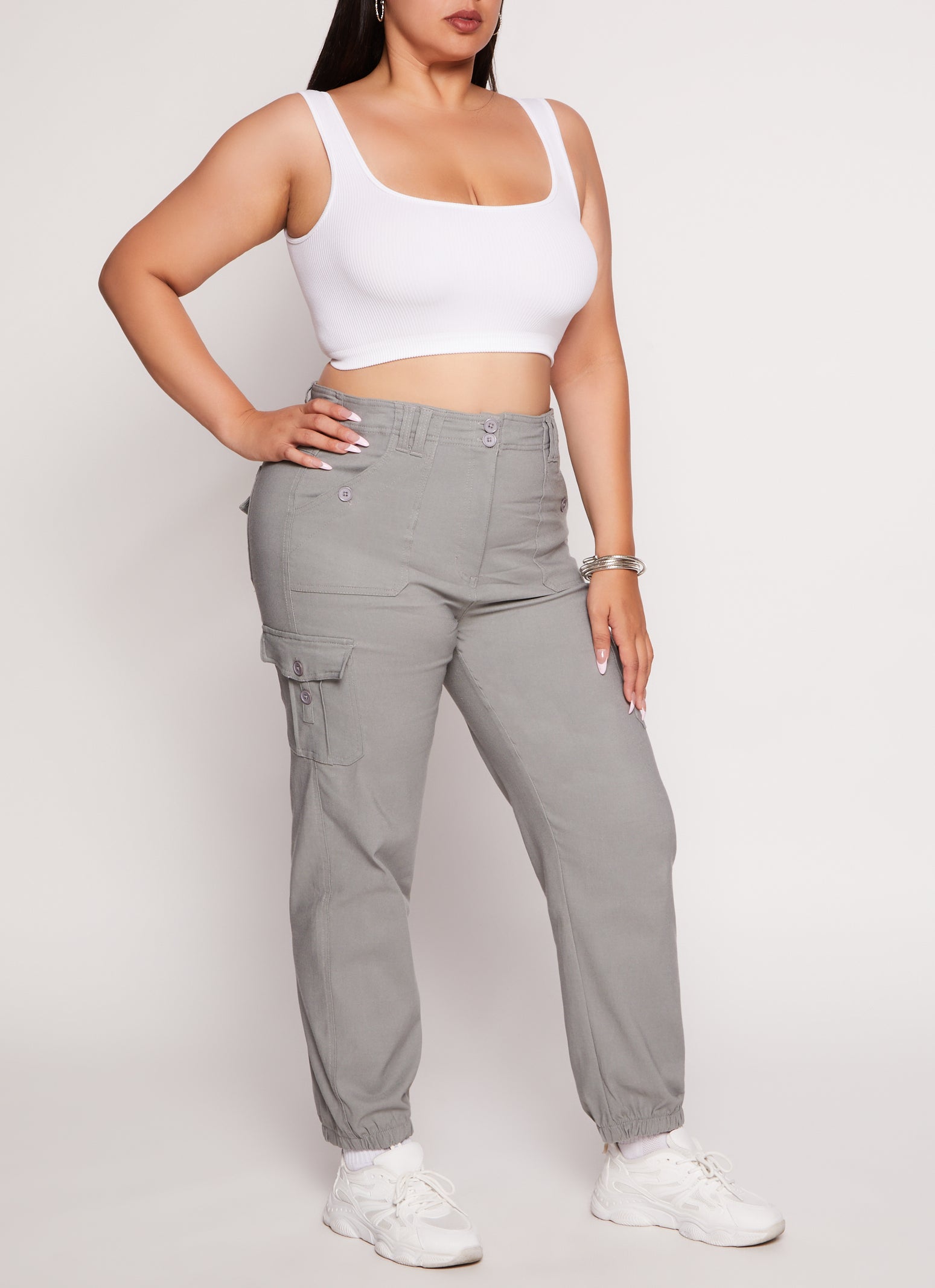 Womens Plus Size Solid High Waist Cargo Pocket Joggers, Grey, Size 3X