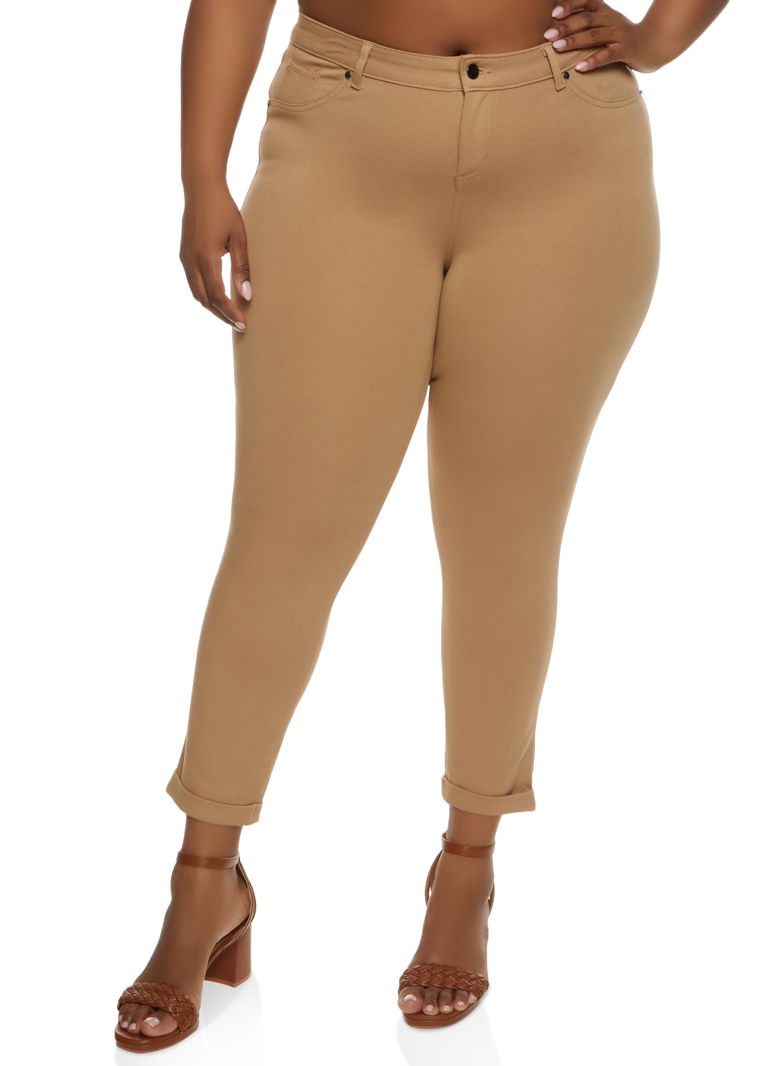 Rainbow Shops Womens Plus Size Ponte Fixed Cuff Pants, Khaki, Size