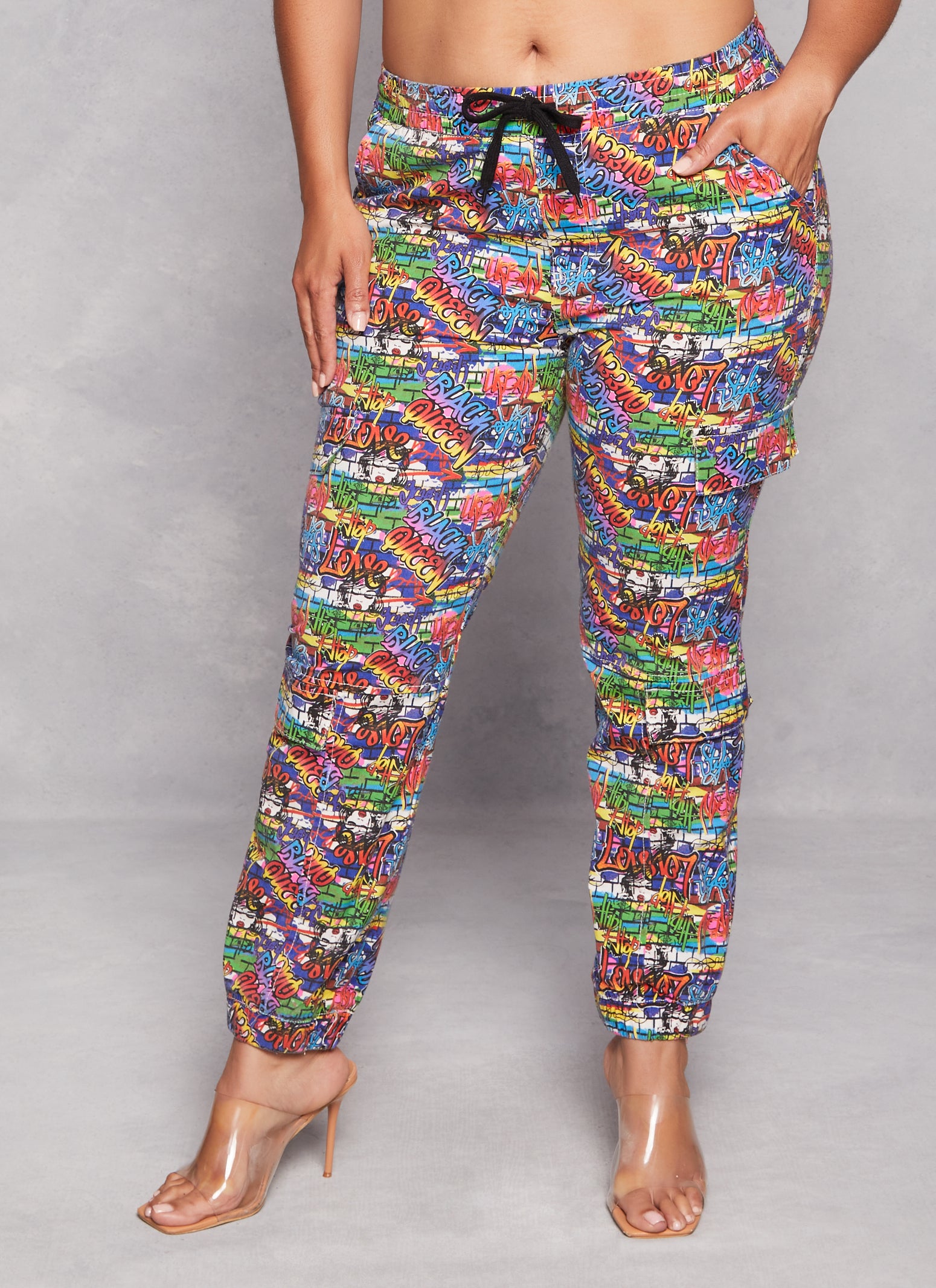 Womens Plus Size Graffiti Print Cargo Joggers, Multi, Size 3X