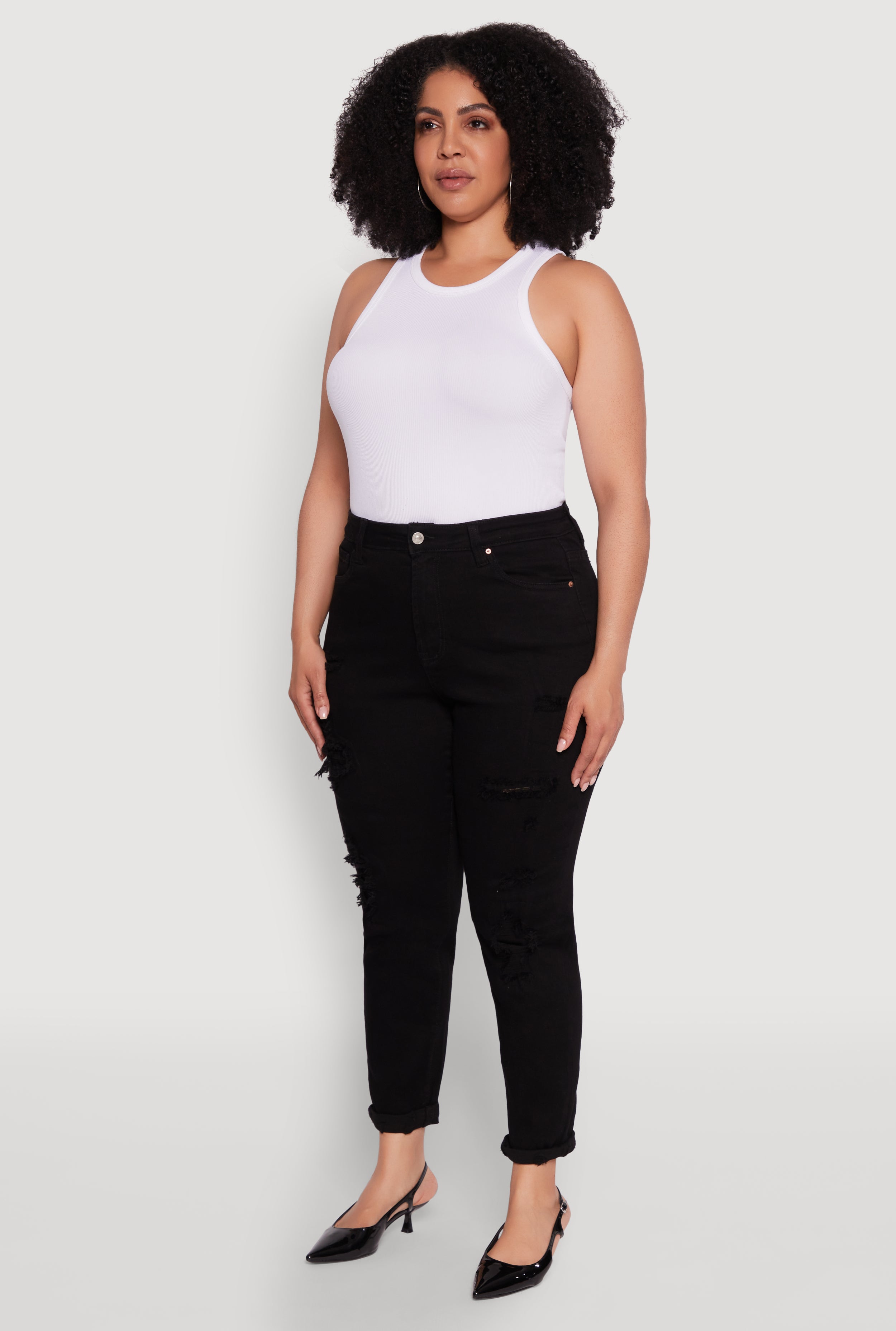 Womens Plus Size WAX Patch Distressed High Waist Slim Straight Jeans, Black, Size 16
