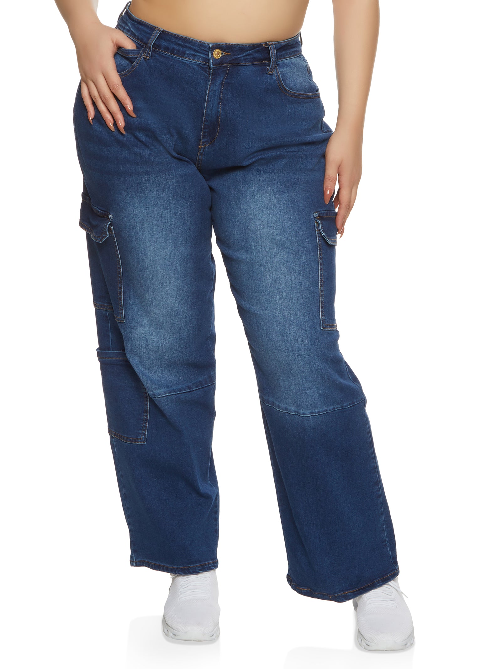 Womens Plus WAX Wide Leg Cargo Jeans, Blue,