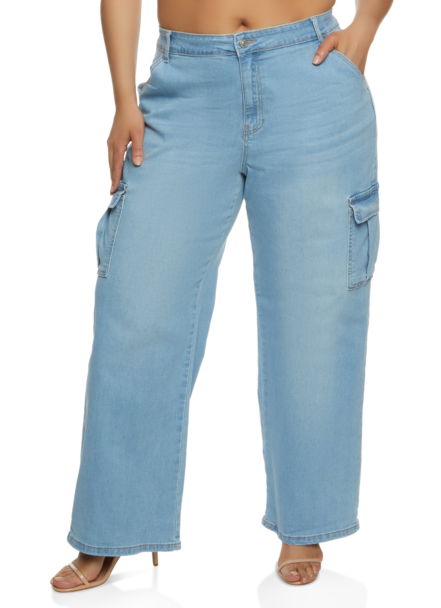 Womens Plus Size WAX High Waist Wide Leg Cargo Jeans, Blue, Size 16
