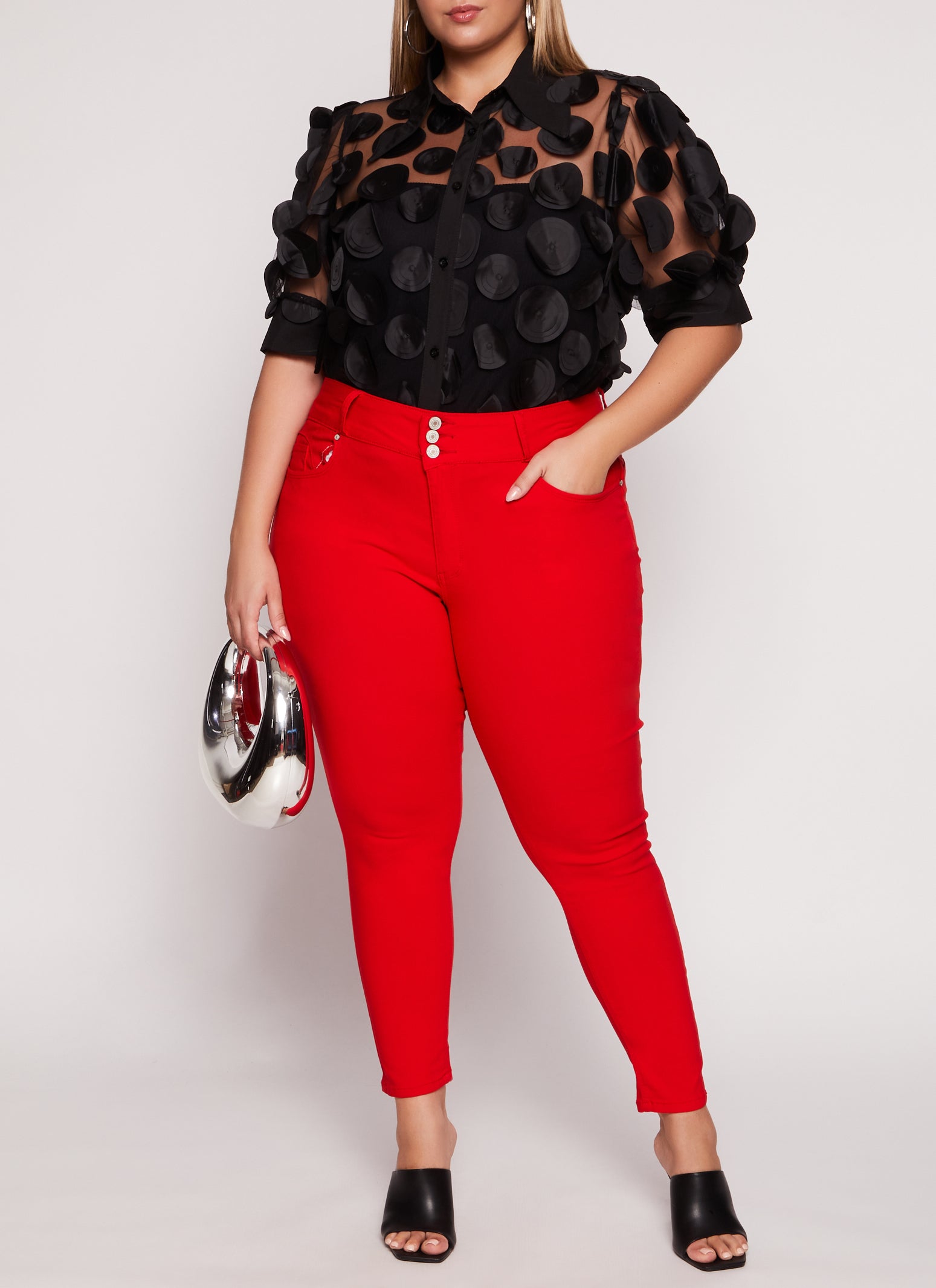 Womens Plus Size Triple Button High Waisted Skinny Leg Pants, Red, Size 1X