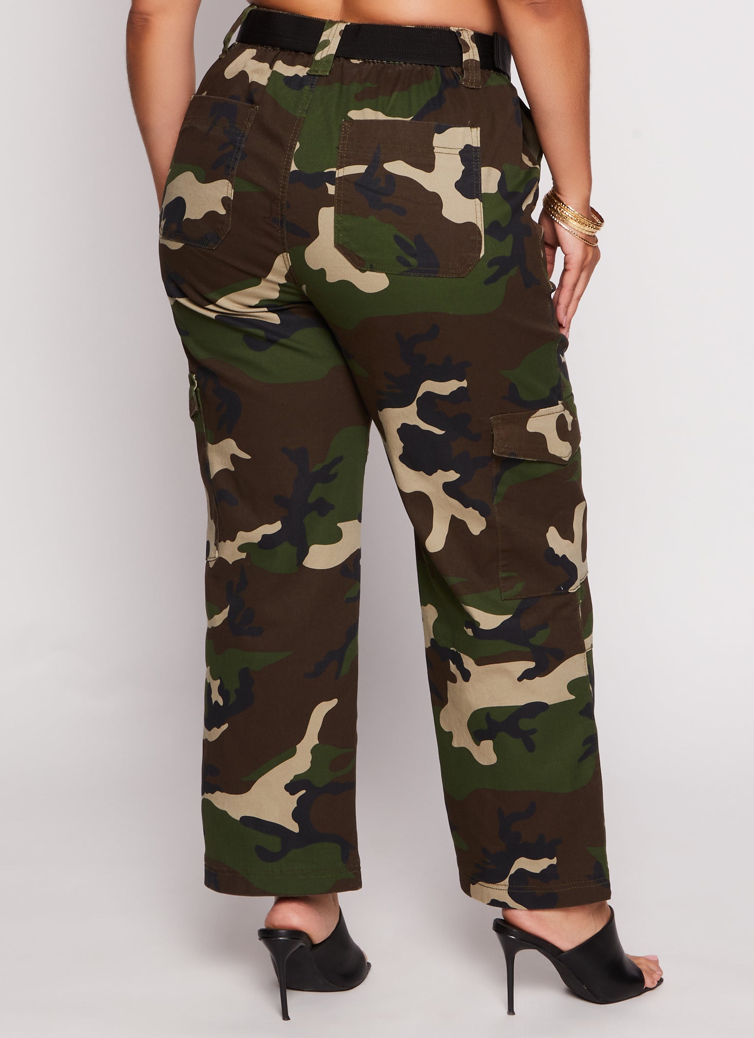 Womens Plus Size Camo Belted Wide Leg Cargo Pants, Green, Size 1X