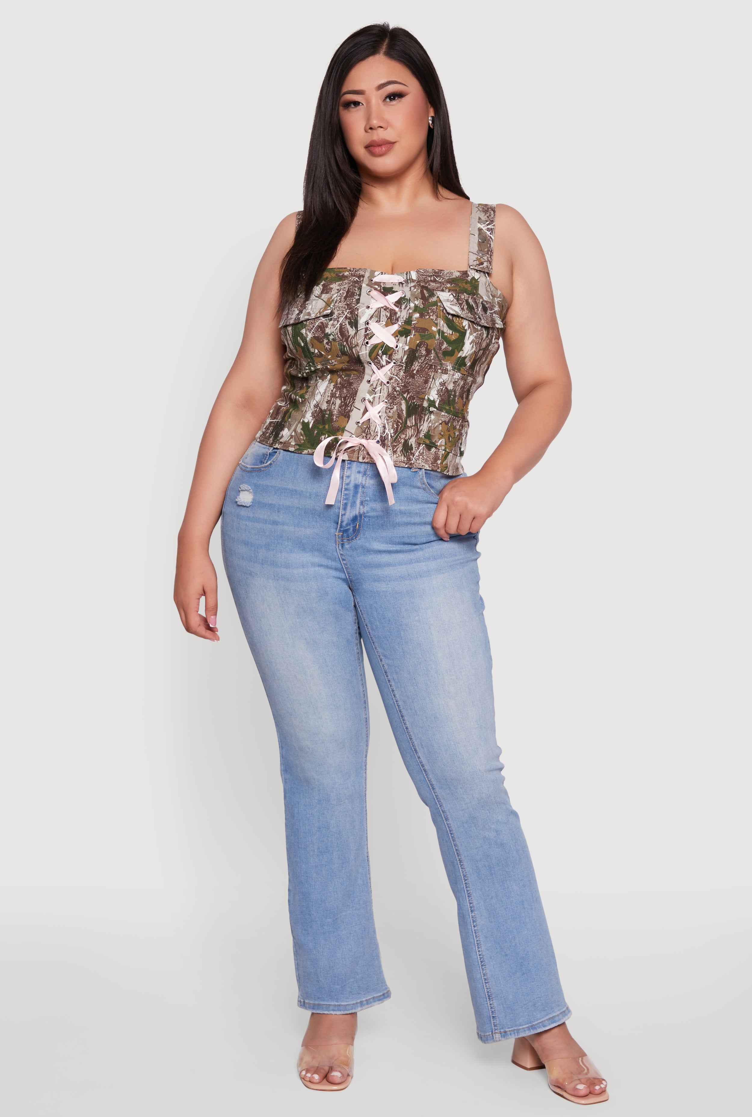 Womens Plus Size Hunter Camouflage Ribbon Lace-Up Front Top, Multi, Size 1X