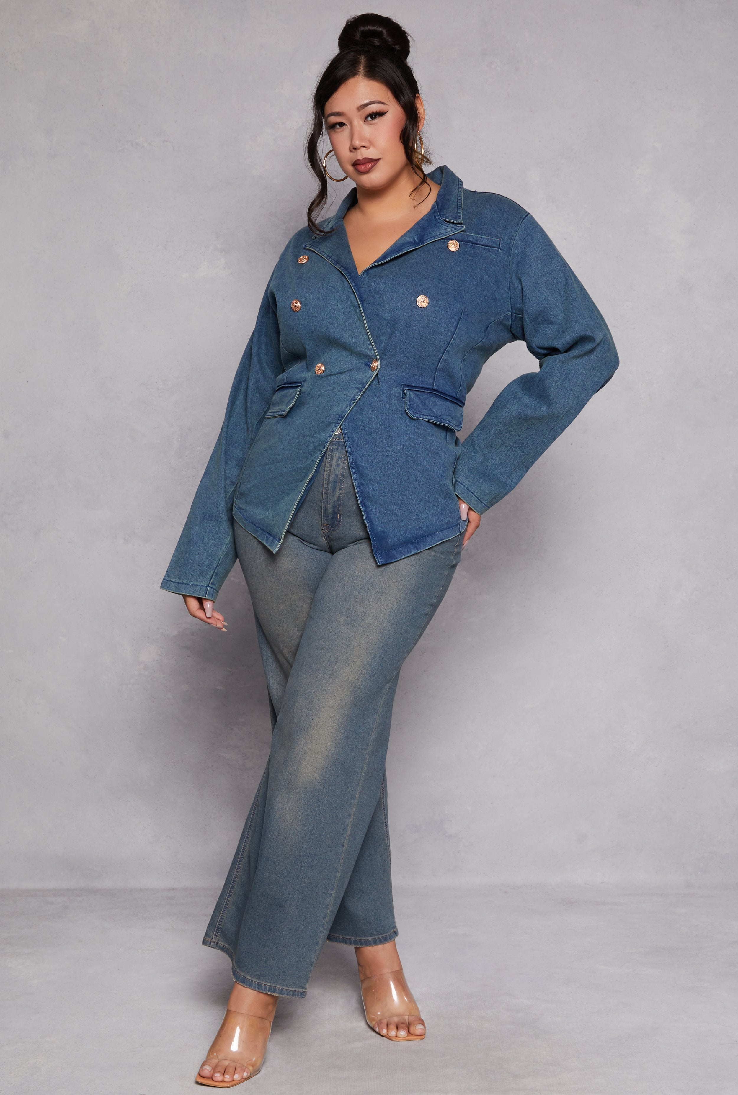 Womens Plus Size Denim Blazer, Blue, Size 3X