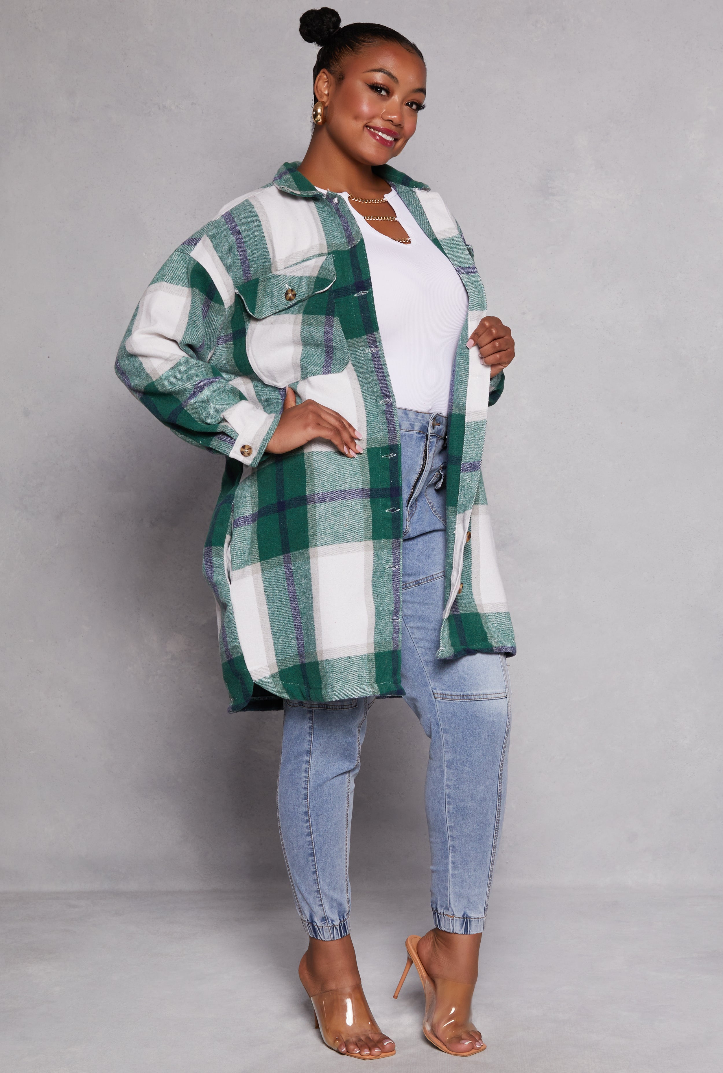 Womens Plus Size Plaid Button Front Long Sleeve Shacket, Green, Size 1X