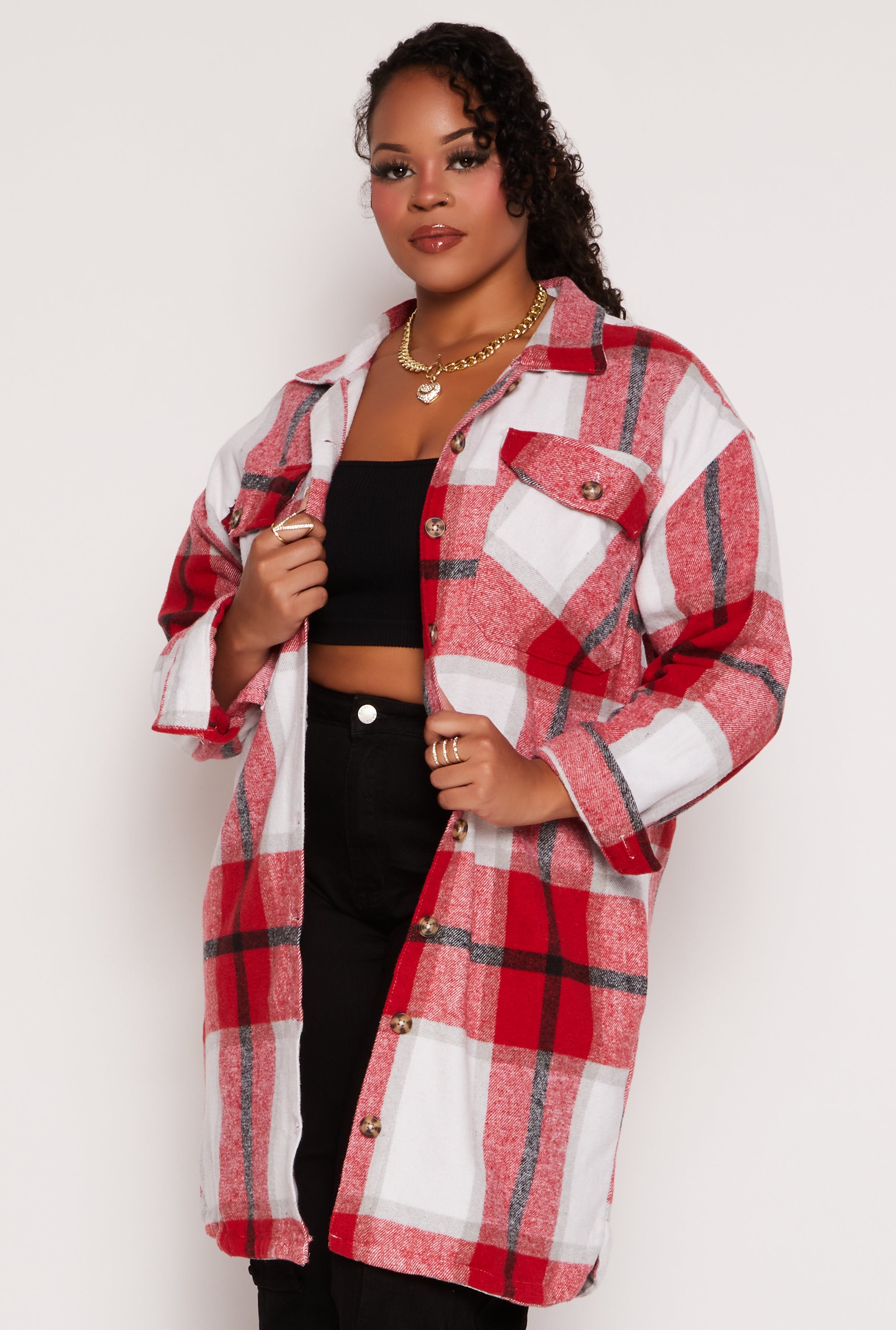 Womens Plus Size Plaid Button Front Long Sleeve Shacket, Red, Size 1X