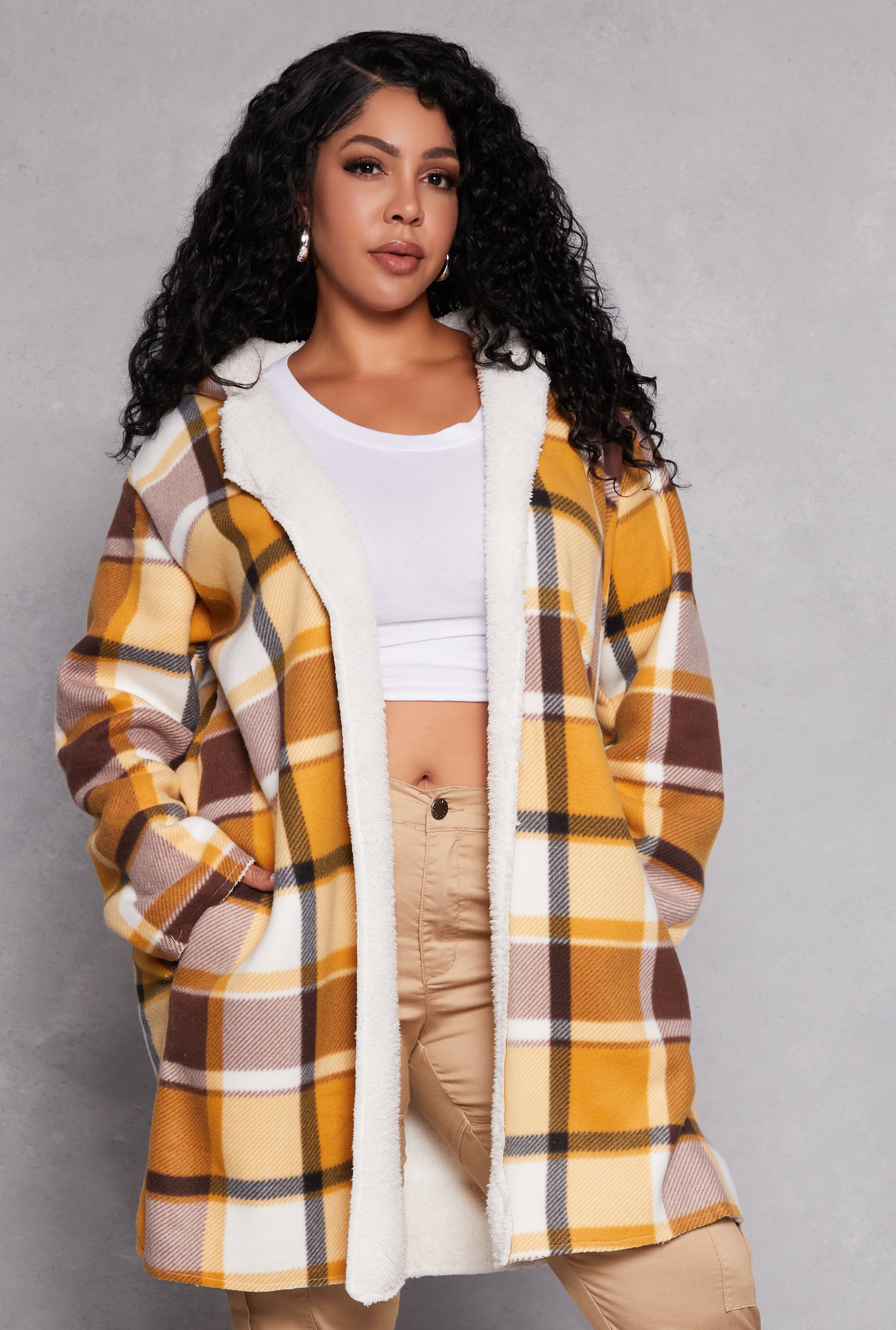 Womens Plus Size Plaid Sherpa Lined Long Hooded Shacket, Yellow, Size 1X