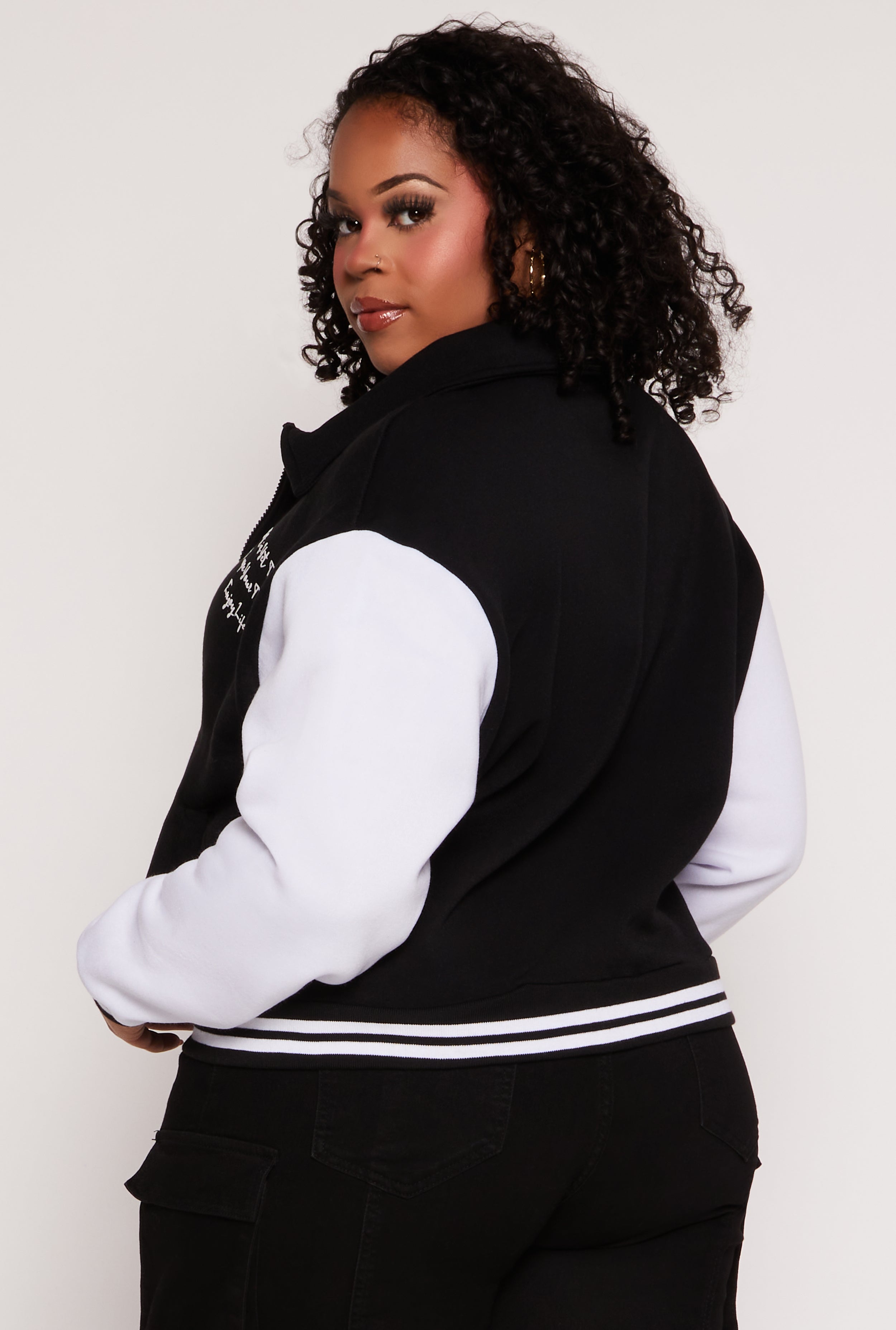 Womens Plus Size BK Graphic Zip Front Letterman Jacket, Black, Size 1X