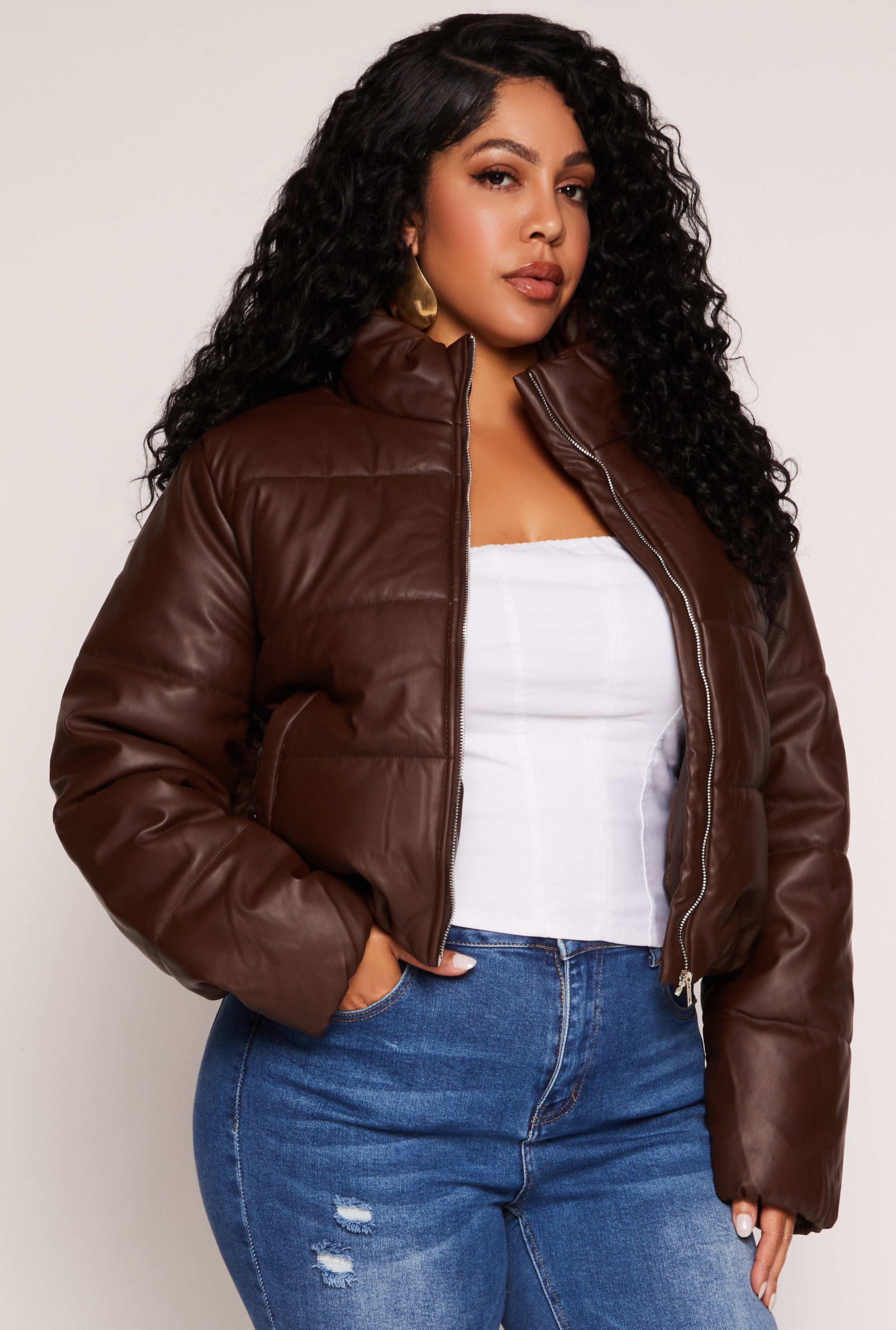 Womens Plus Size Faux Leather Zip Front Long Sleeve Puffer Jacket, Brown, Size 2X