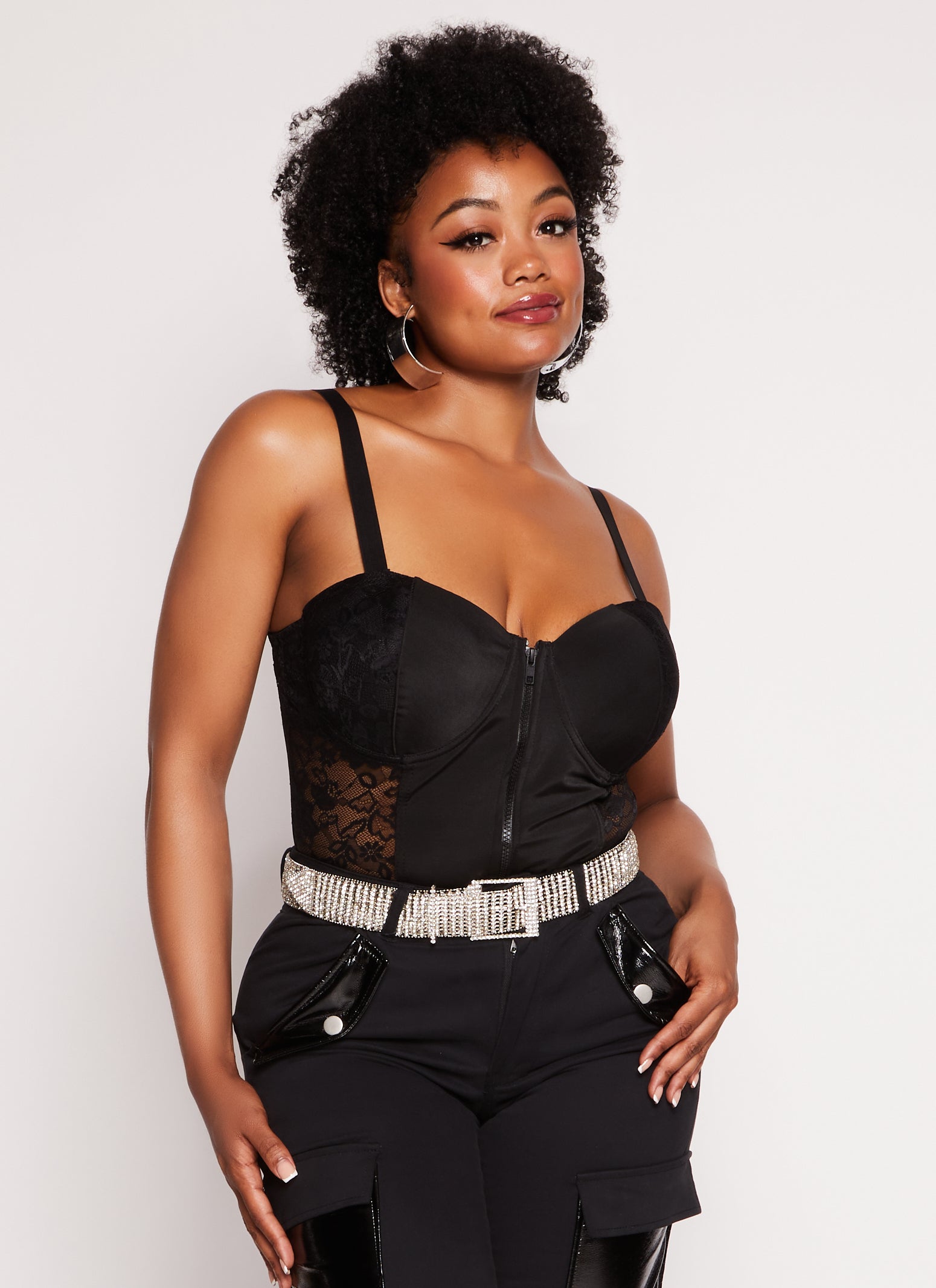 Womens Plus Size Mesh Lace Zip Front Bustier Top, Black, Size 2X