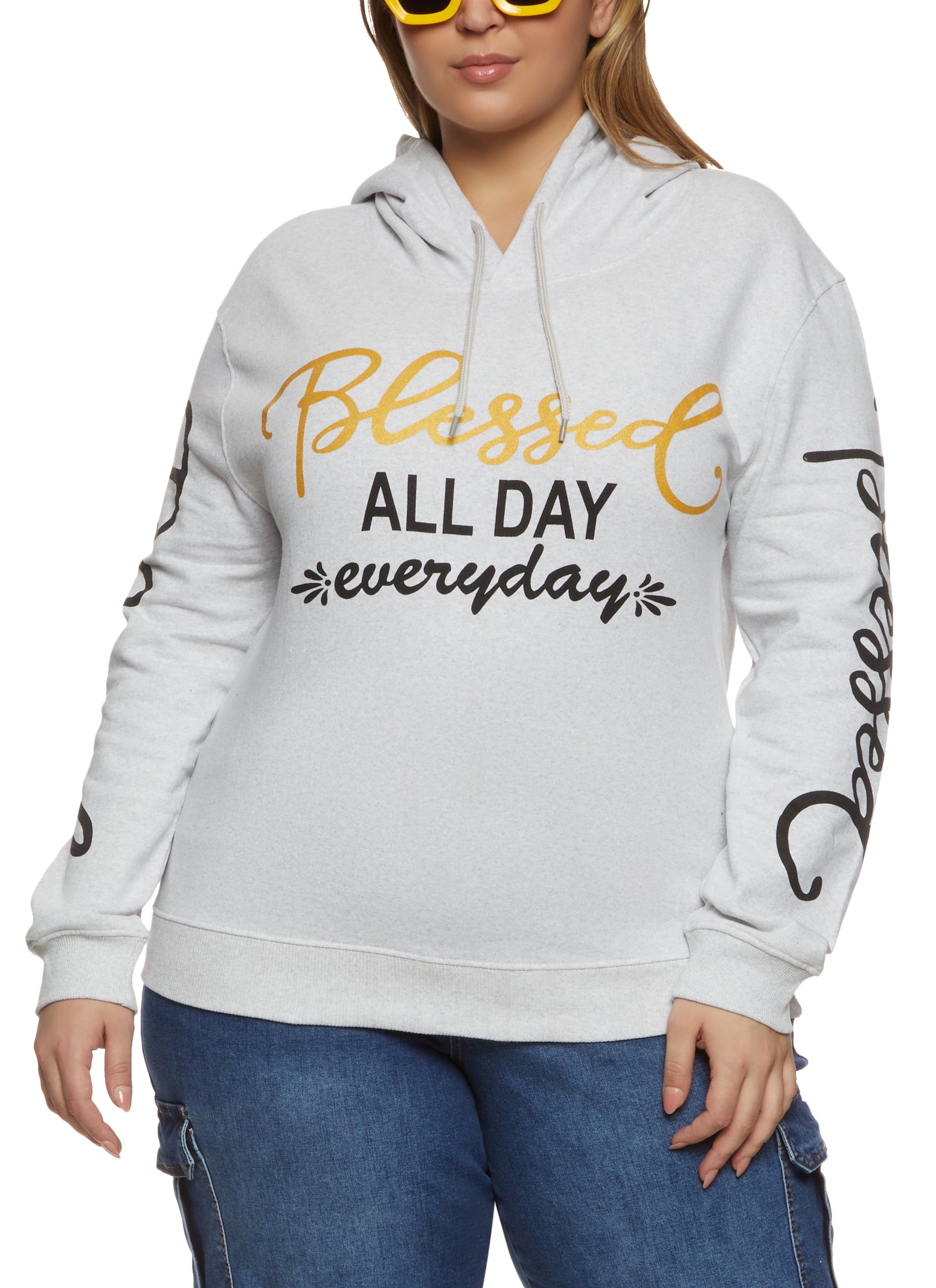 Womens Plus Blessed All Day Graphic Hoodie, Grey,