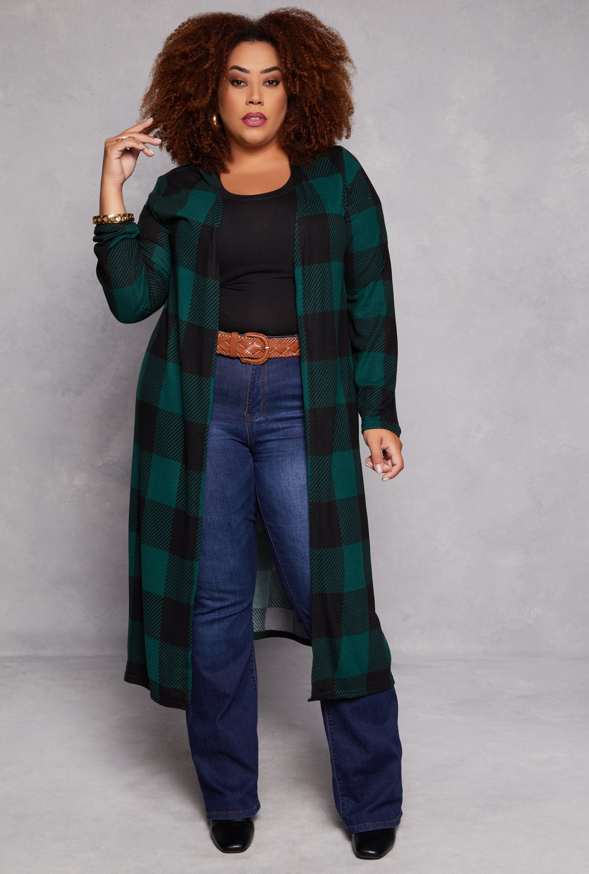 Womens Plus Plaid Open Front Duster,