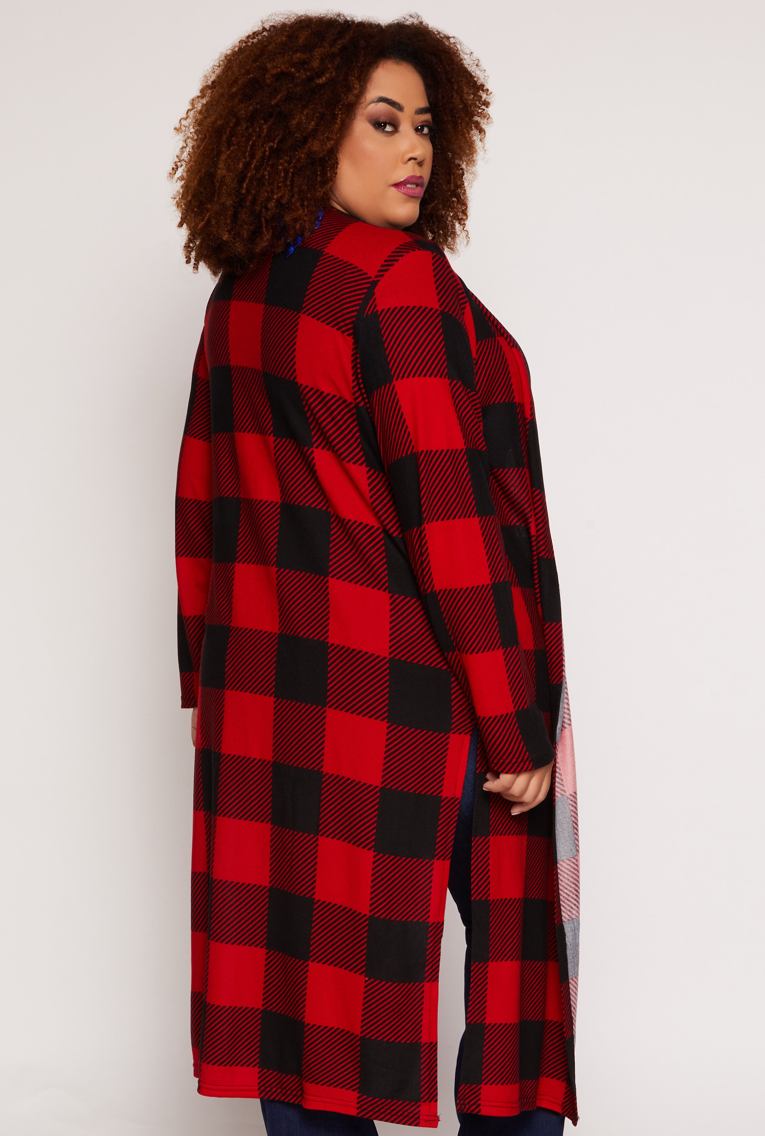 Womens Plus Size Plaid Open Front Duster, Red, Size 3X