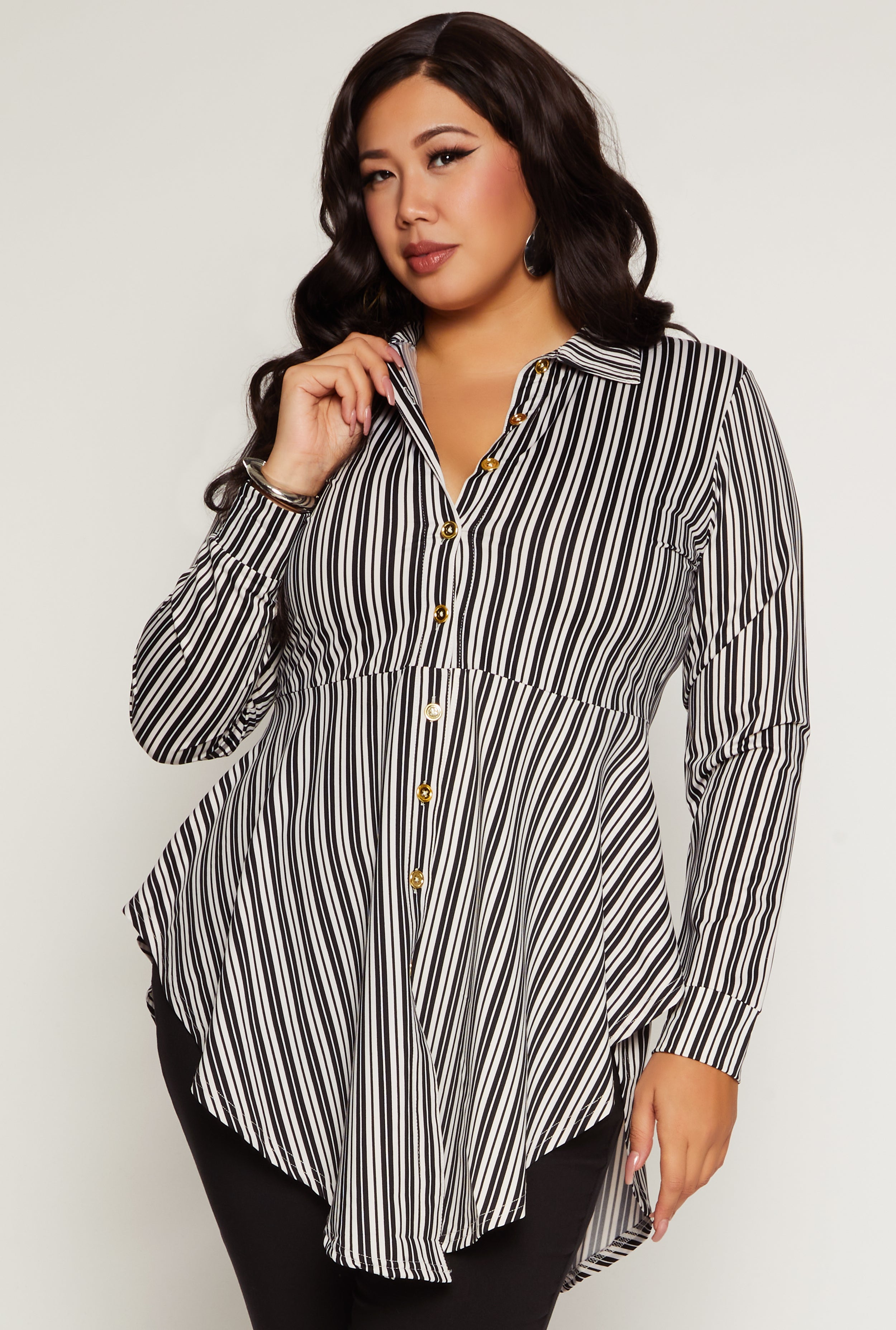 Womens Plus Striped Button Front Hanky Hem Shirt, Multi,