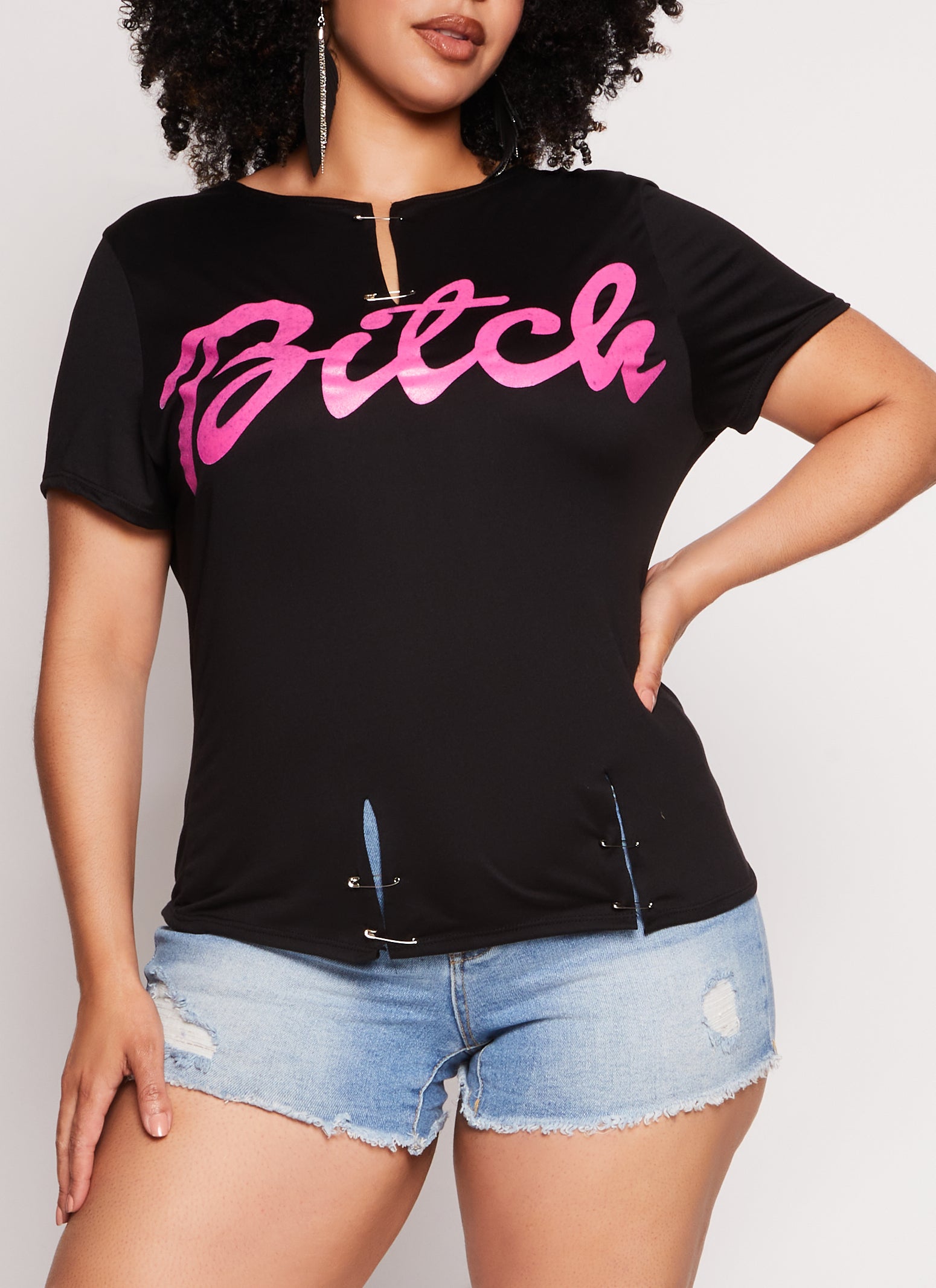 Womens Plus Bitch Safety Pin Graphic Tee,