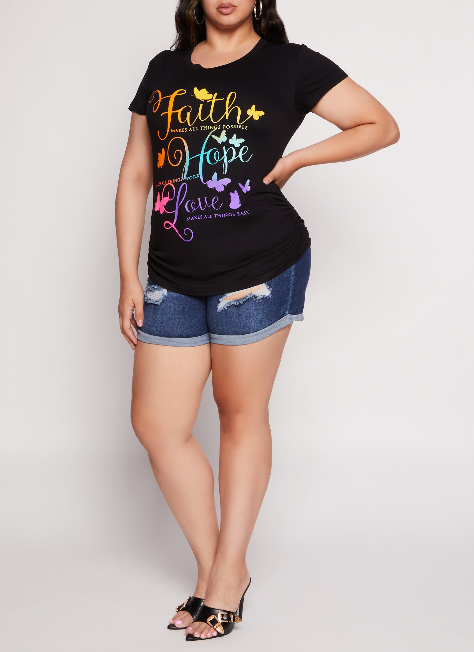 Womens Plus Size Faith Hope Love Butterfly Graphic Tee, Black, Size 2X