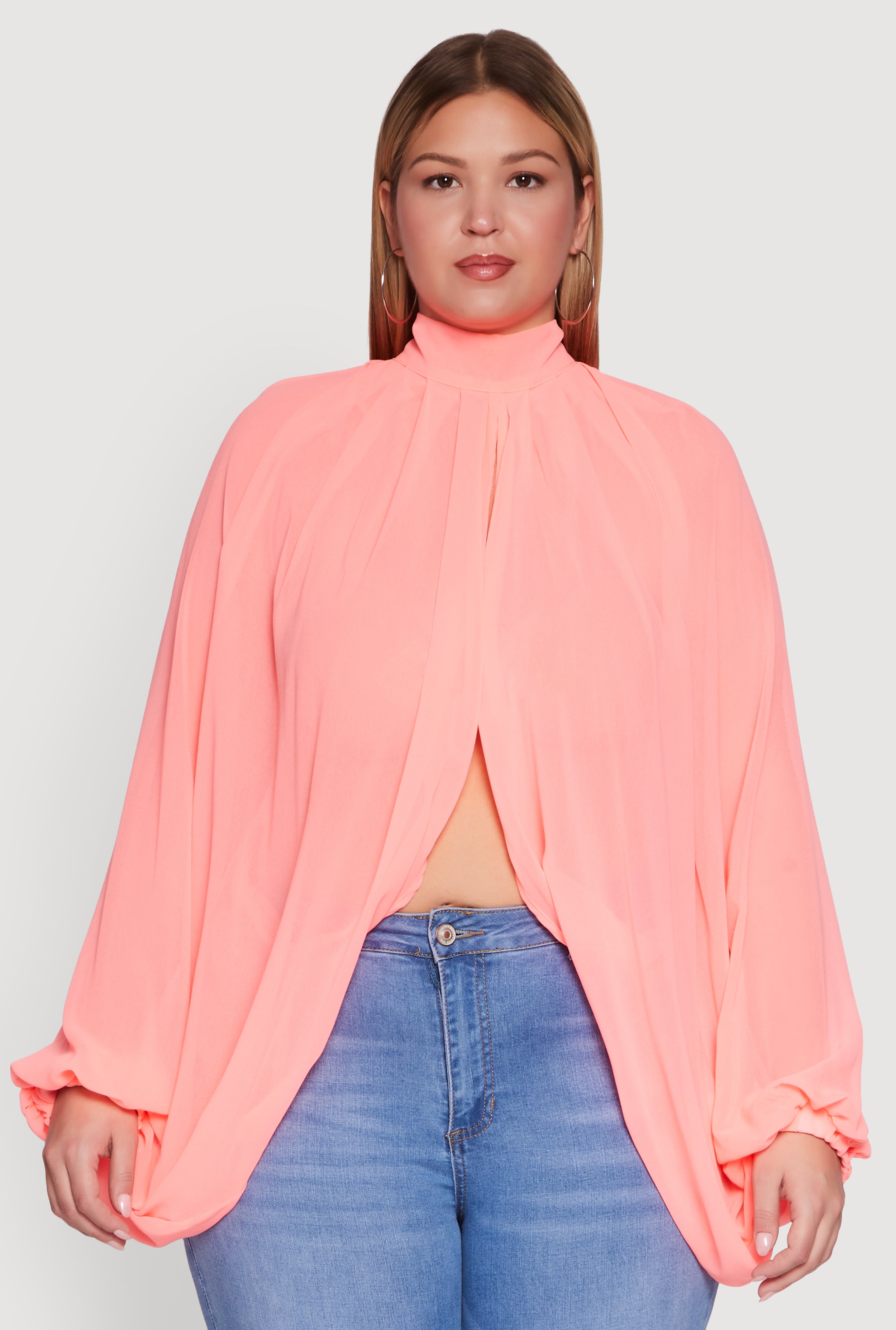 Womens Plus Size Bishop Sleeve Tulip Overlay Top, Pink, Size 3X