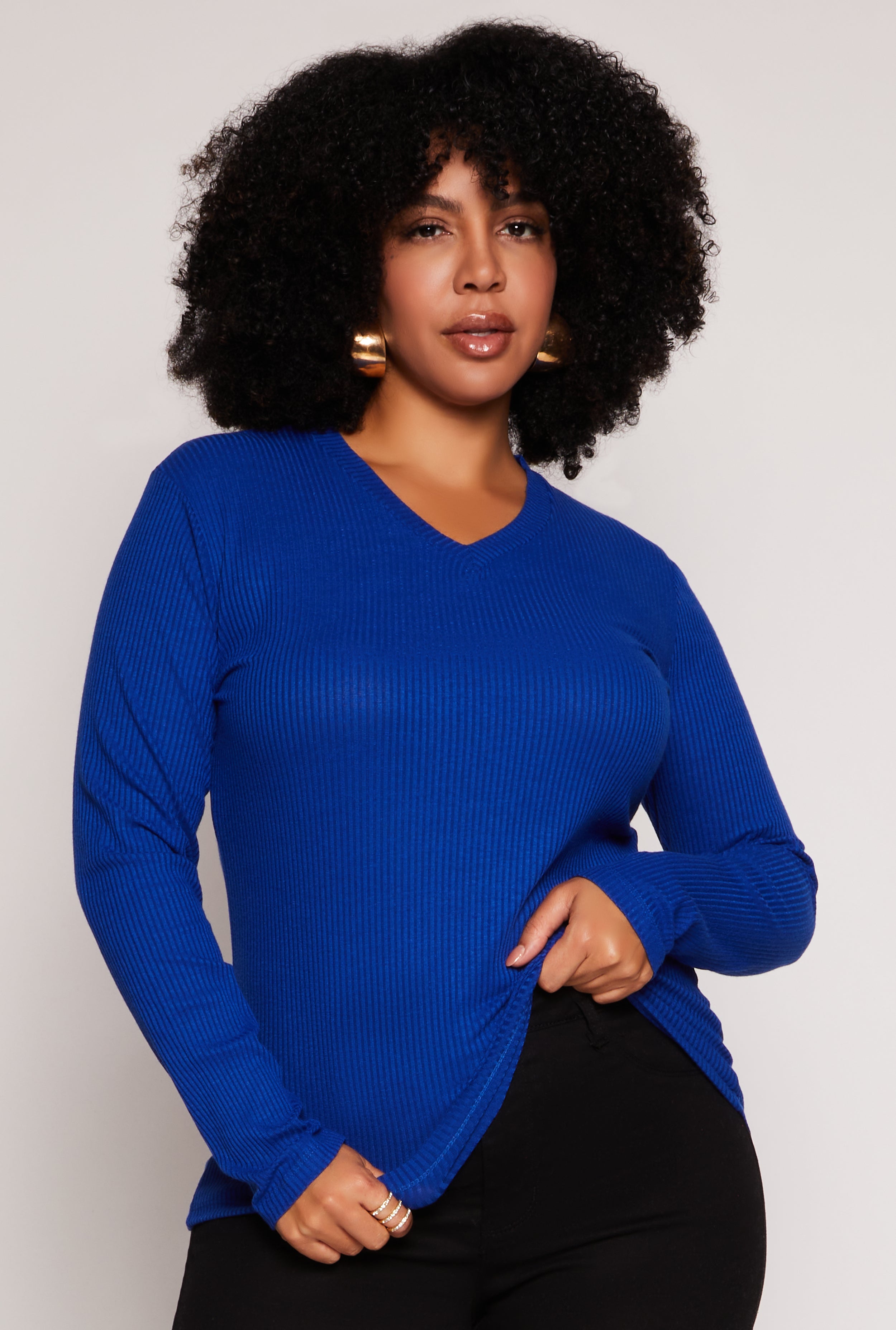 Womens Plus Rib Knit V Neck Long Sleeve Top,