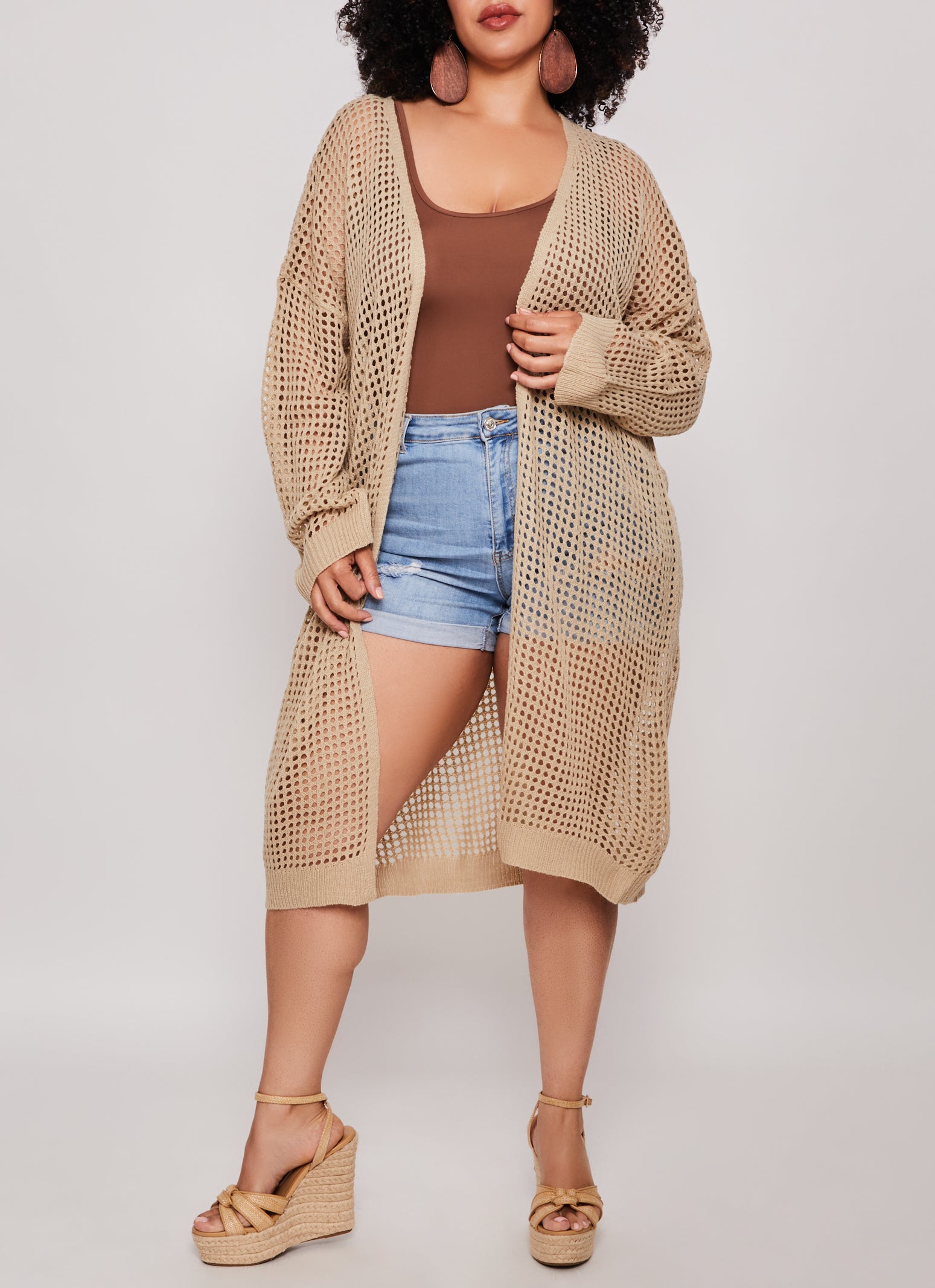 Womens Plus Size Crochet Open Front Long Sleeve Duster, Beige, Size 3X